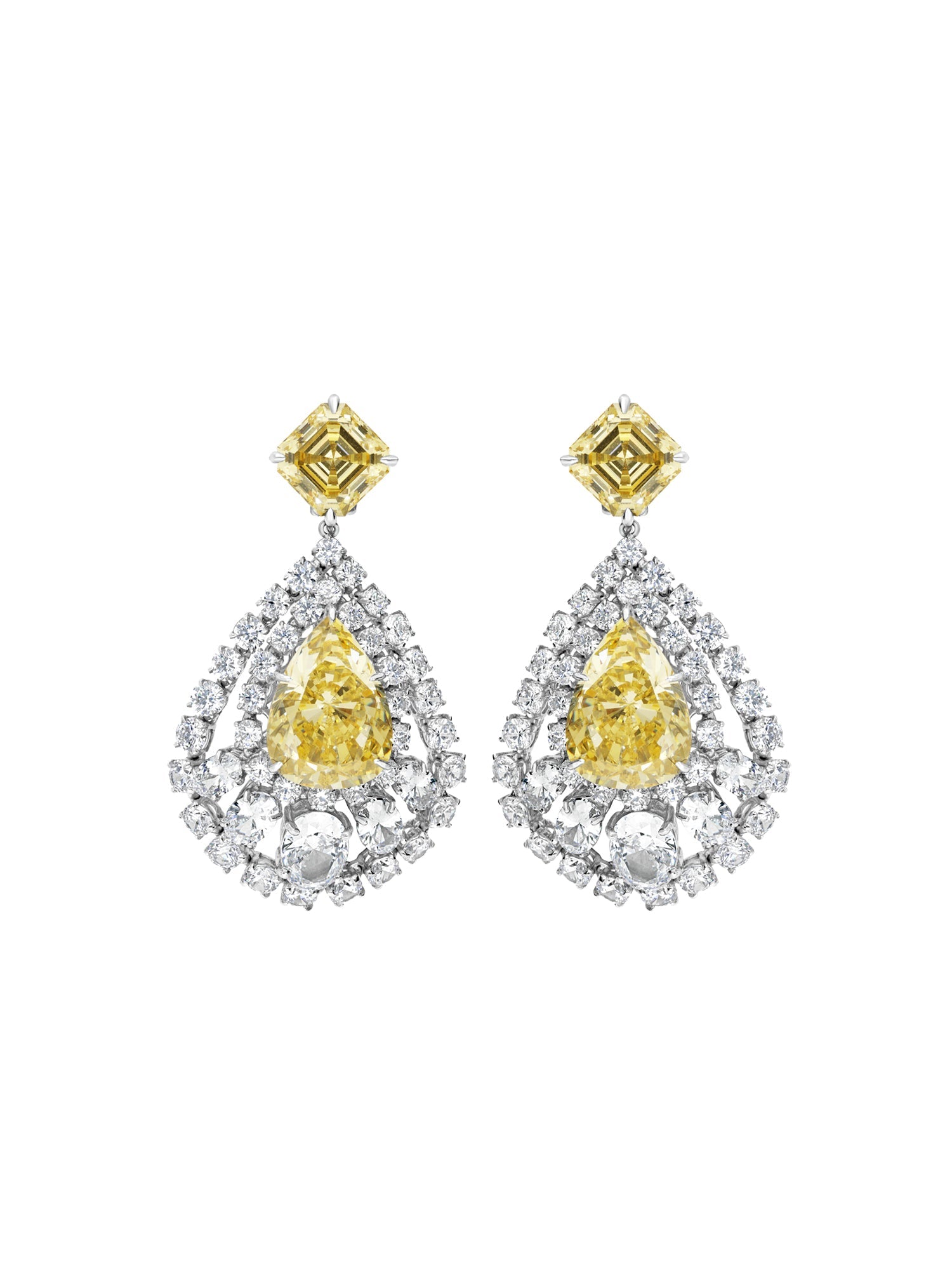 3qty DJV / QTY DISPO : 2-QTY VENDUES : 0-ST : 0% PRIX DJV : 695€ // Argent Rhodié Boucles d'oreilles en argent rhodié système mixte serties de Burmalite™ taille poire et coussin jonquille entourage Burmalite™ blanche taille ronde et ovale /// RECO : 714€