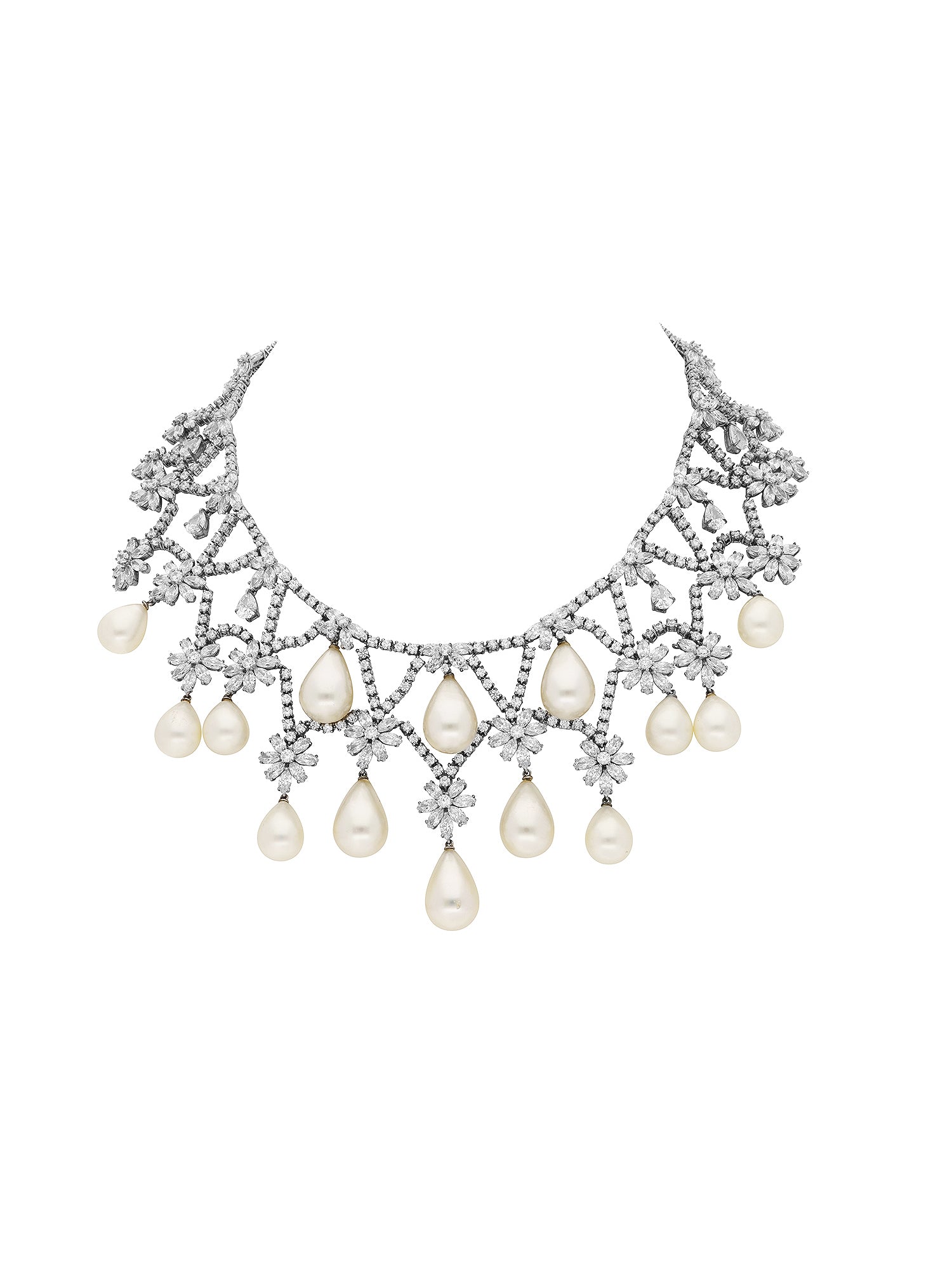 1qty NEW / Argent Rhodié Collier fleur argent rhodié serti de Burmalite blanche taille marquise // RECO : 1715€