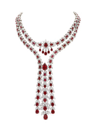 1qty NEW / Argent Rhodié Collier 3 rangs serti de Burmalite rouge rubis taille poire // RECO : 2250€