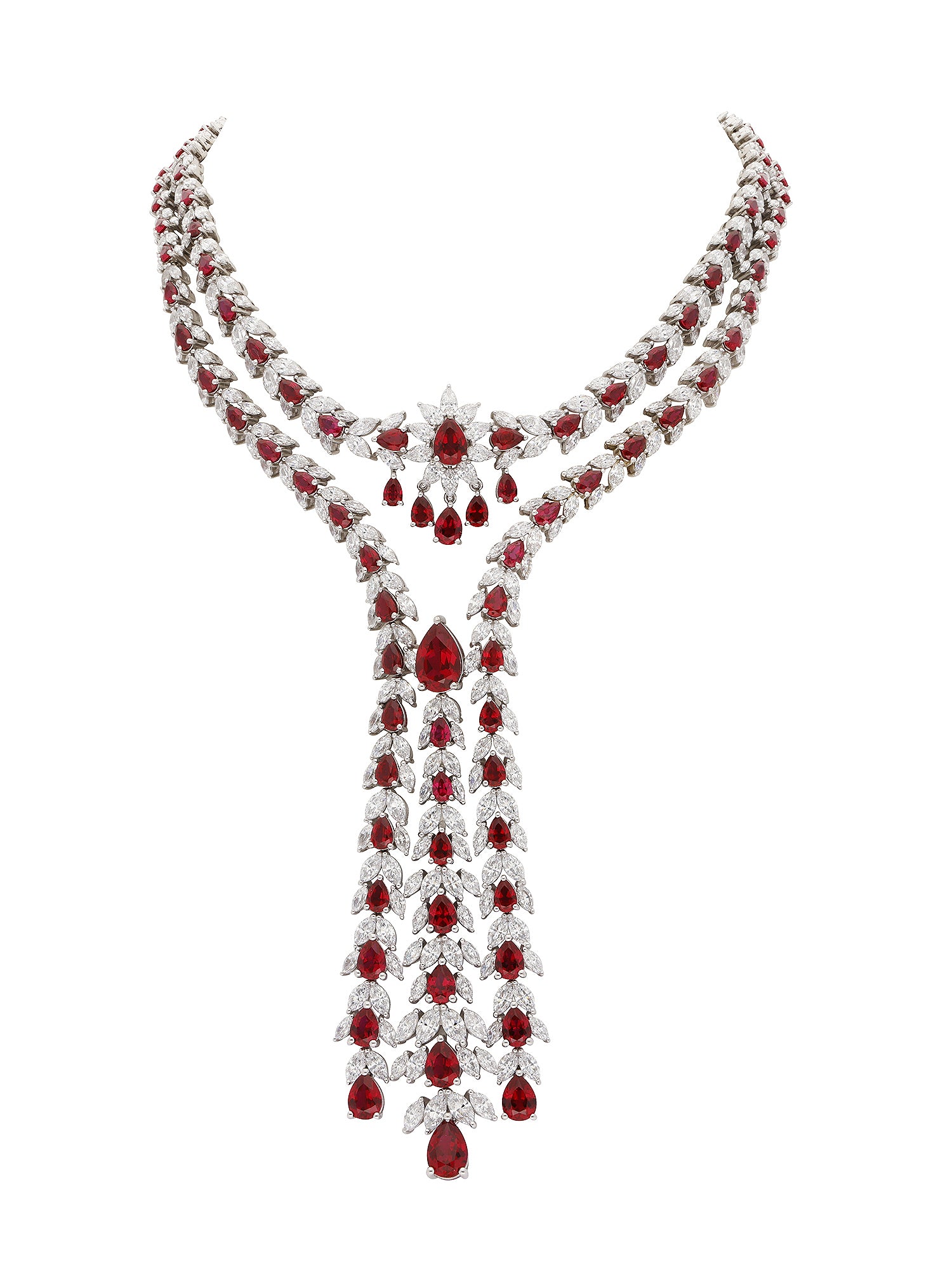 1qty NEW / Argent Rhodié Collier 3 rangs serti de Burmalite rouge rubis taille poire // RECO : 2250€