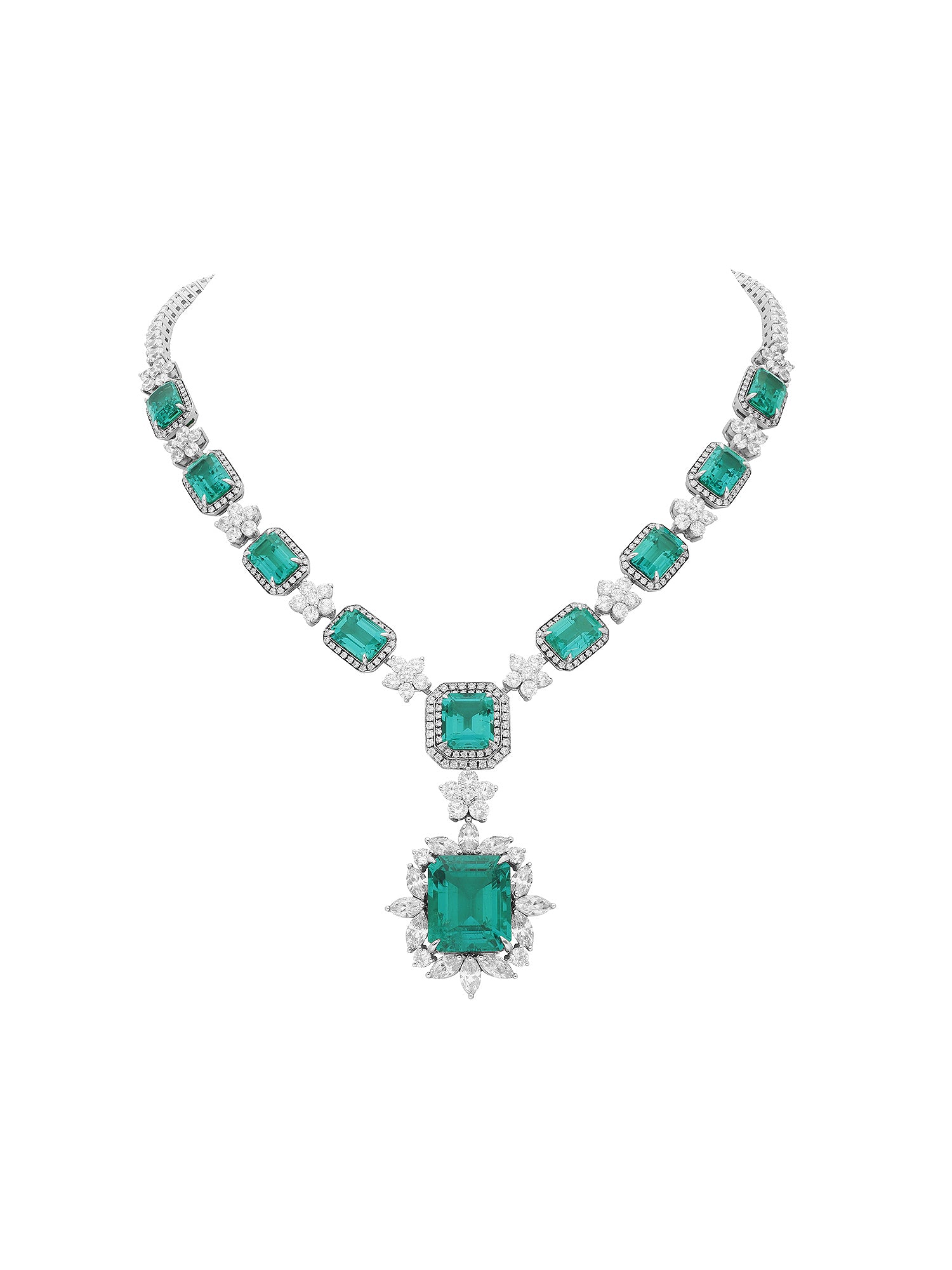 1qty NEW / Argent Rhodié Collier en argent rhodié serti de Burmalite blanche et vert émeraude de Colombie taille émeraude // RECO : 2375€