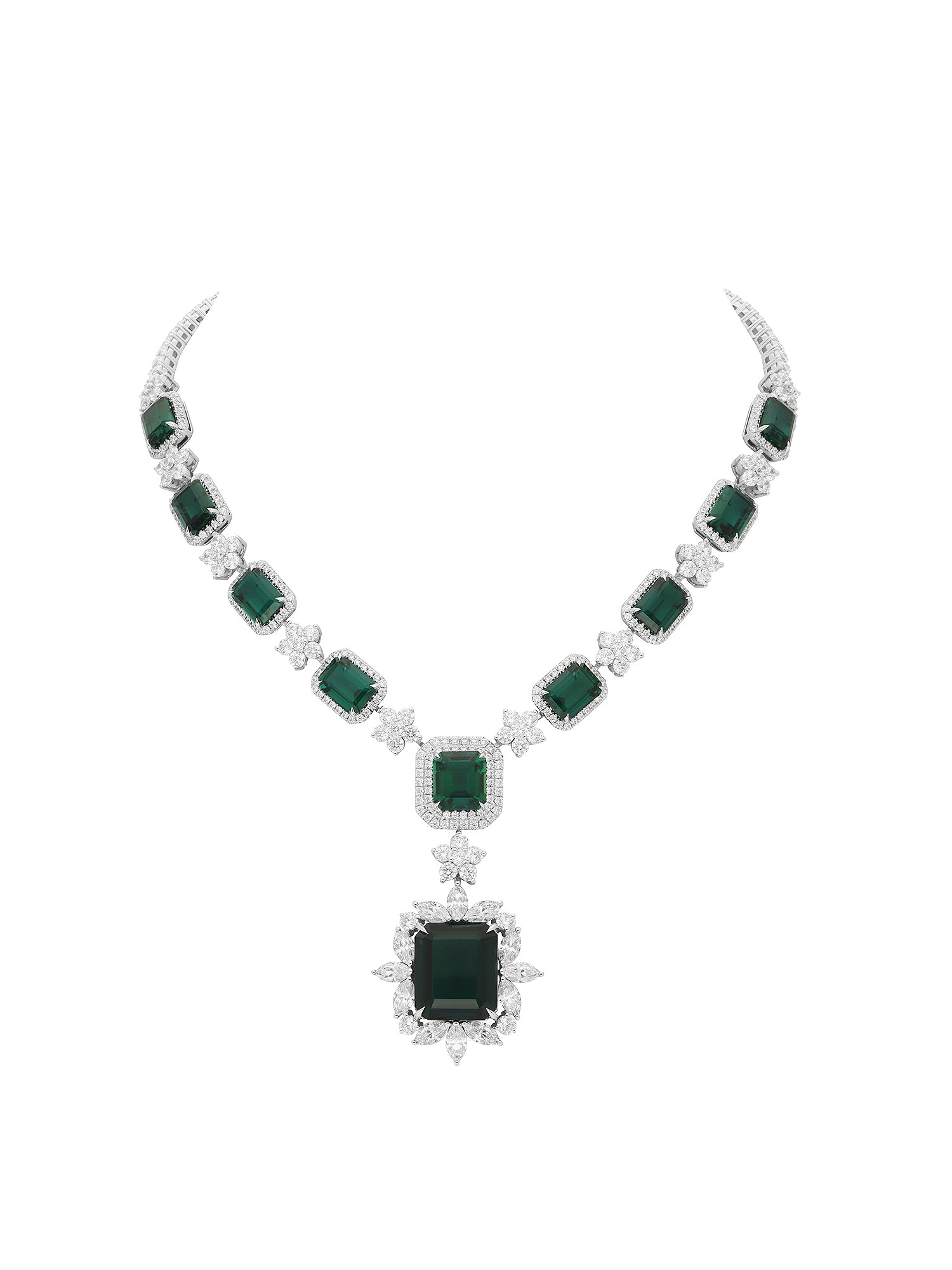 1qty NEW / Argent Rhodié Collier serti de Burmalite taille émeraude vert émeraude Mozambique et Burmalite blanche en argent rhodié // RECO : 2125€