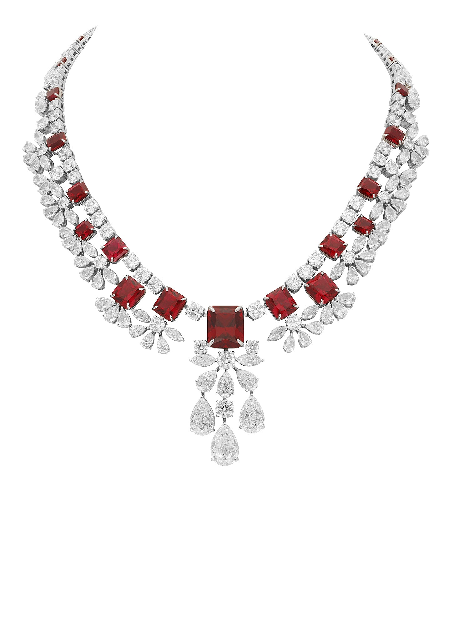 1qty NEW / Argent Rhodié Collier serti de Burmalite taille émeraude rouge rubis dégradé et Burmalite taille poire // RECO : 1950€