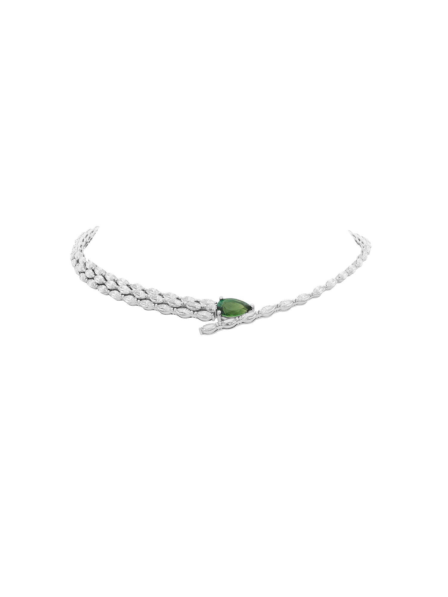 1qty NEW / Argent Rhodié Collier serti de Burmalite taille marquise blanche et taille poire vert émeraude sur argent rhodié // RECO : 660€