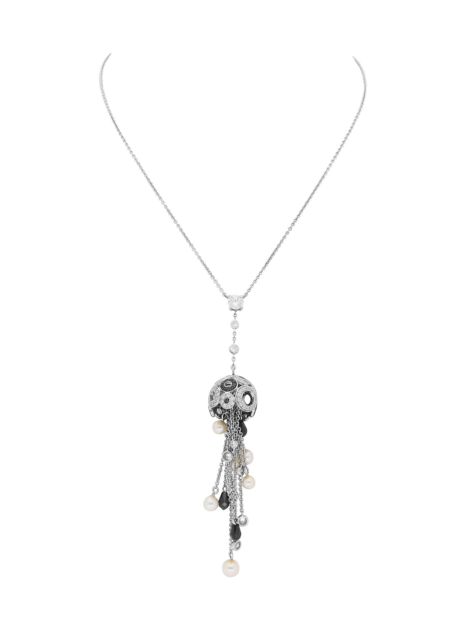 1qty NEW / Or blanc 18 ct Pendentif sur chaine en or blanc 18 cts pompom serti de Burmalite blanche et noire // RECO : 646€
