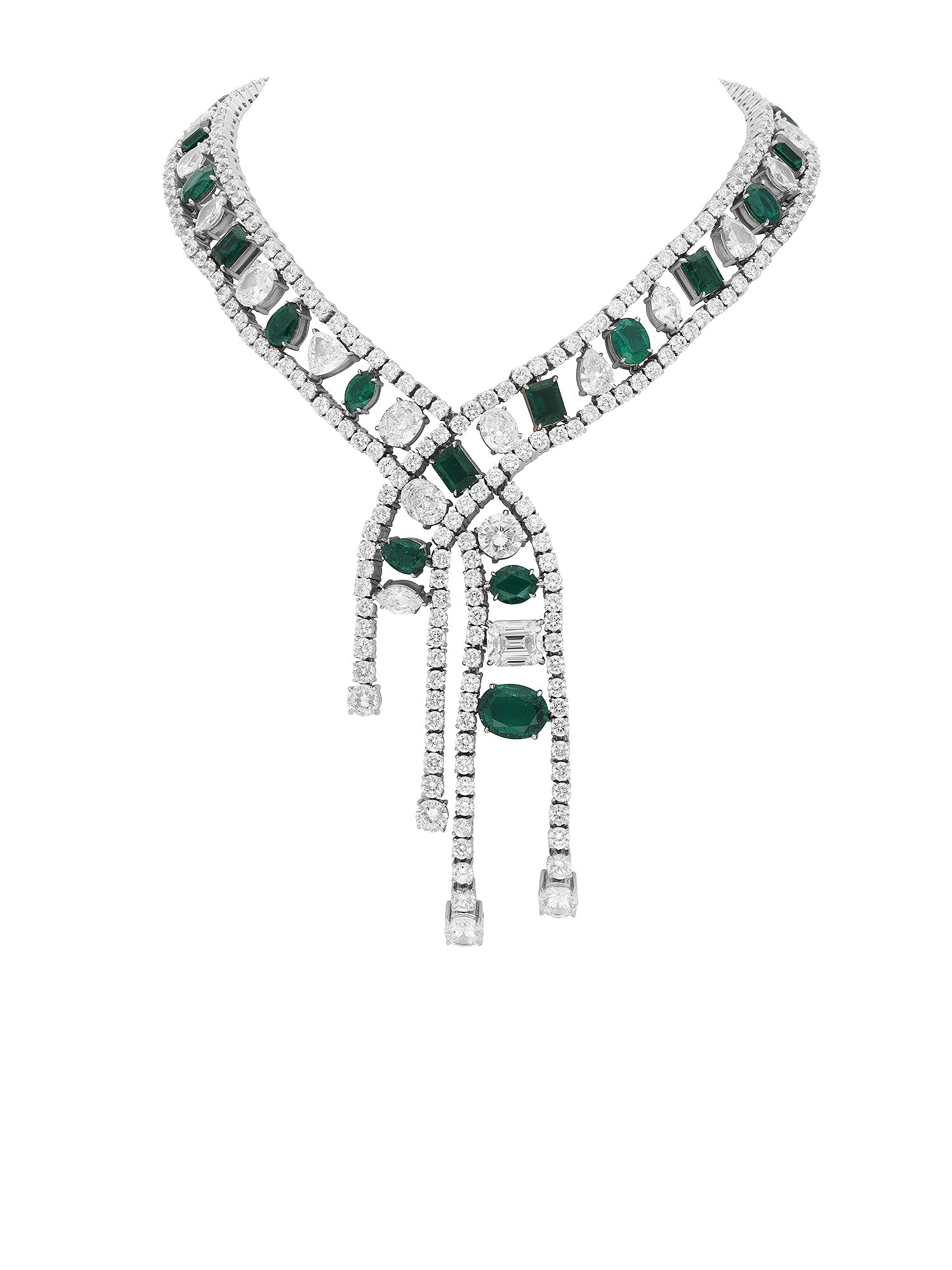 1qty NEW / Argent Collier cravate croisée Burmalite vert émeraude et blanche // RECO : 5850€