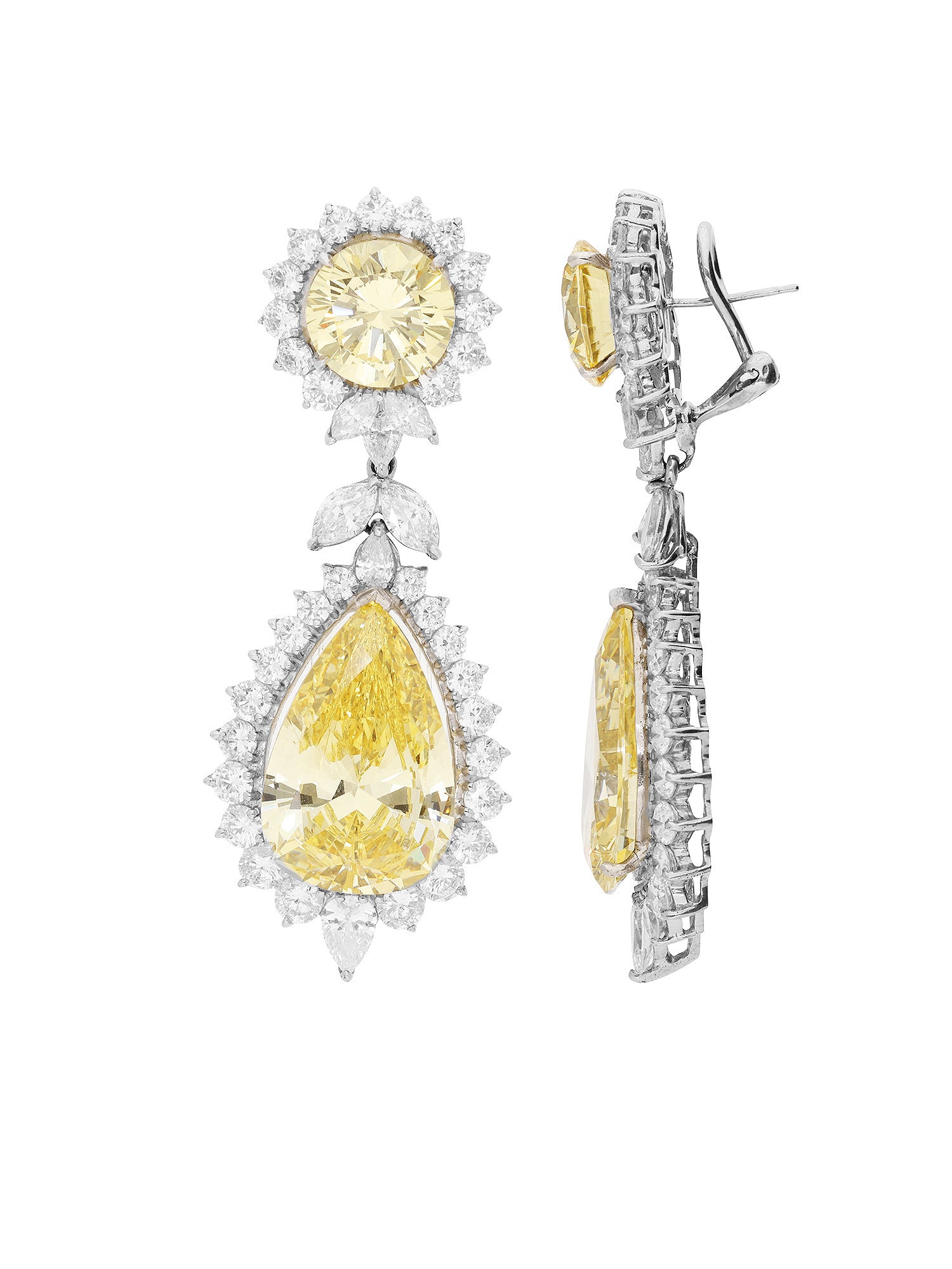 1qty NEW / Argent Rhodié Boucles d'oreilles longues système mixte (clip et tige) en argent rhodié serties de Burmalite jonquille et blanche // RECO : 1470€