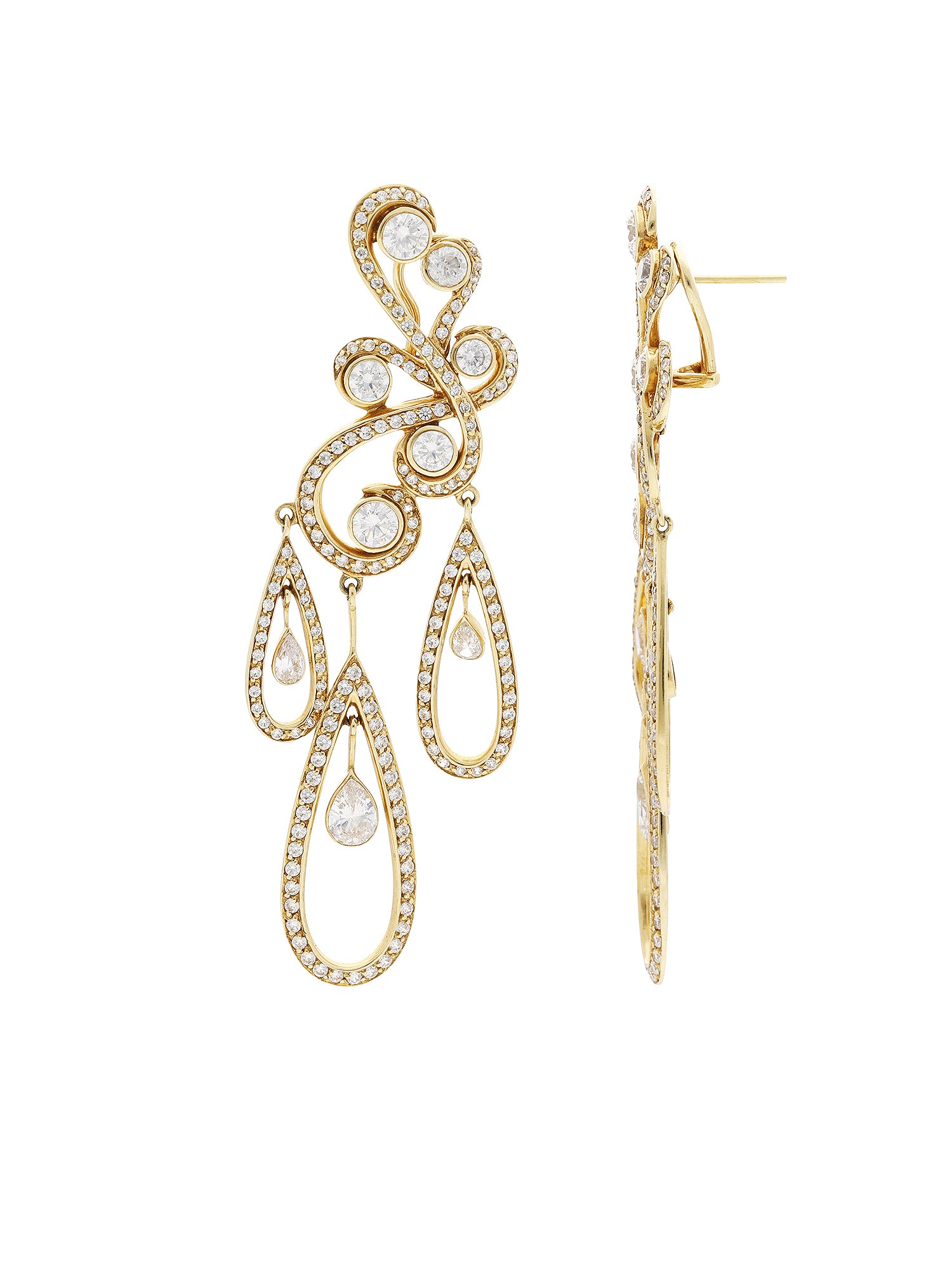 1qty NEW / Or jaune 18ct Boucles d'oreilles longues en or jaune 18 cts système mixte (clip et tige) serties de Burmalite blanche // RECO : 930€