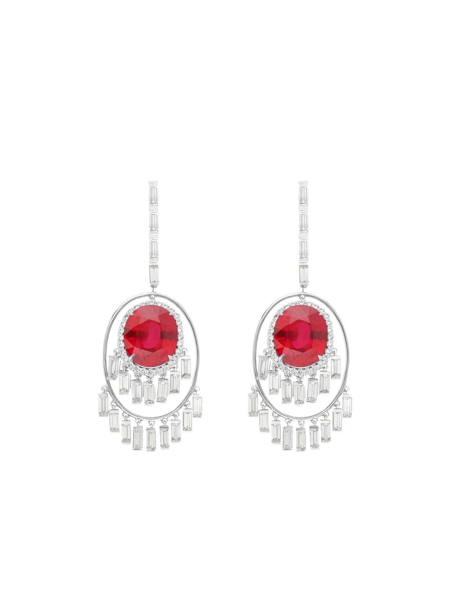 1qty DJV / QTY DISPO : 2-QTY VENDUES : 1-ST : 50% PRIX DJV : 550€ // Argent Rhodié Boucles d'oreilles sur argent rhodié serties de rubis de synthèse taille ovale et Burmalite™ blanche taille baguette /// RECO : 612€