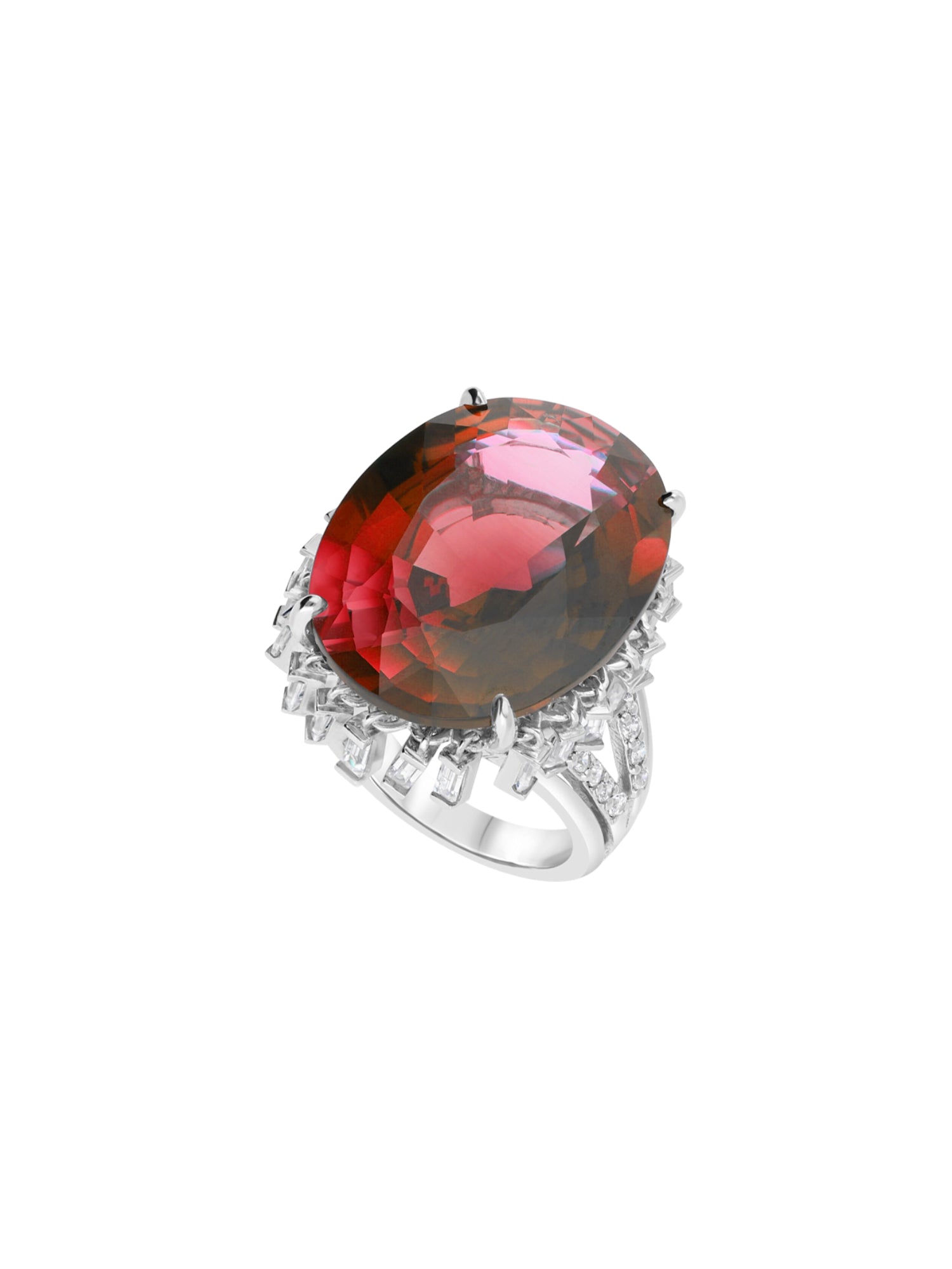 1qty DJV / QTY DISPO : 1-QTY VENDUES : 1-ST : 100% PRIX DJV : 495€ // Argent Rhodié Bague en argent rhodié sertie de rubis de synthèse taille ovale et Burmalite™ blanche taille baguette /// RECO : 870€