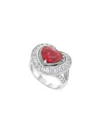 1qty DJV / QTY DISPO : 1-QTY VENDUES : 1-ST : 100% PRIX DJV : 320€ // Argent Rhodié Bague en argent rhodié sertie de rubis de synthèse taille cœur entourée de Burmalite™ blanche taille baguette /// RECO : 338€