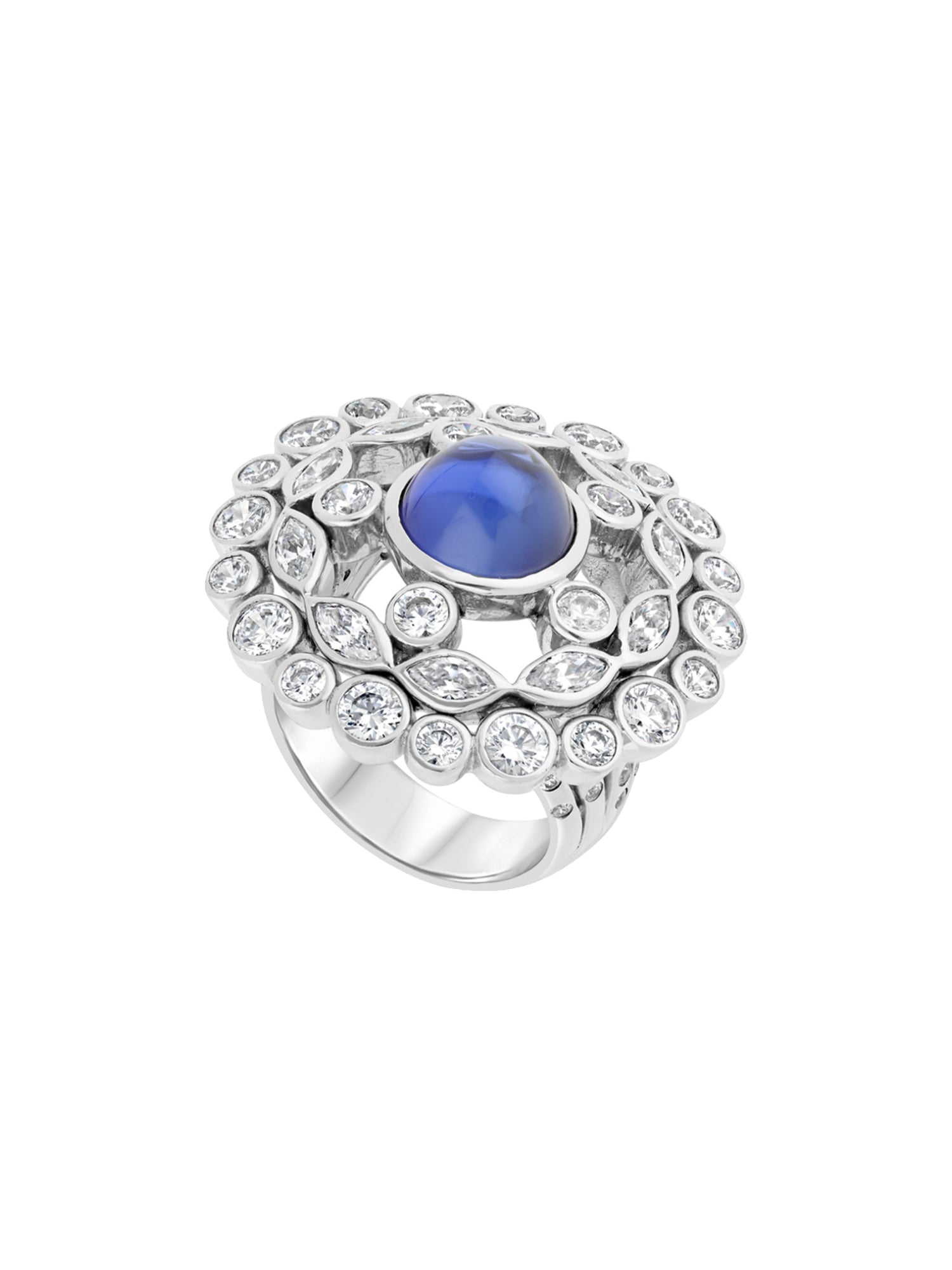 1qty DJV / QTY DISPO : 2-QTY VENDUES : 0-ST : 0% PRIX DJV : 350€ // Argent Rhodié Bague argent rhodié serti Burmalite™ cabochon saphir de synthèse /// RECO : 342€