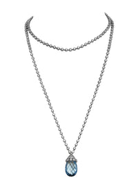 1qty NEW / Argent Collier long double rang serti clos de Burmalite™ blanche taille brillant et pendant Burmalite couleur aigue marine taille briolette // RECO : 1778€