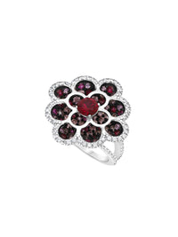 1qty DJV / QTY DISPO : 1-QTY VENDUES : 0-ST : 0% PRIX DJV : 350€ // Argent Bague fleur sur argent serti de Burmalite™ taille brillant rouge rubis et pavage rose et blanc /// RECO : 377€