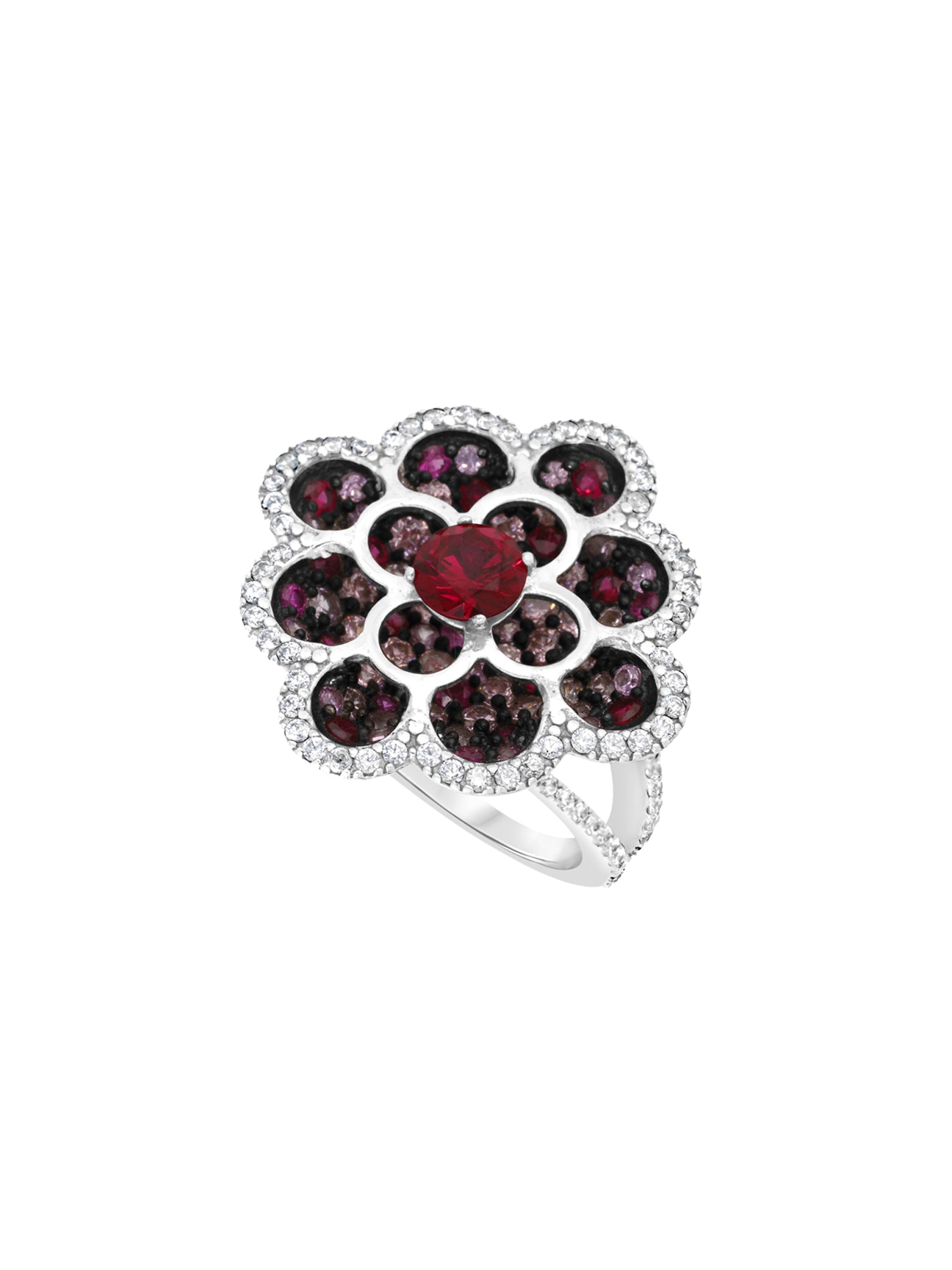 1qty DJV / QTY DISPO : 1-QTY VENDUES : 0-ST : 0% PRIX DJV : 350€ // Argent Bague fleur sur argent serti de Burmalite™ taille brillant rouge rubis et pavage rose et blanc /// RECO : 377€