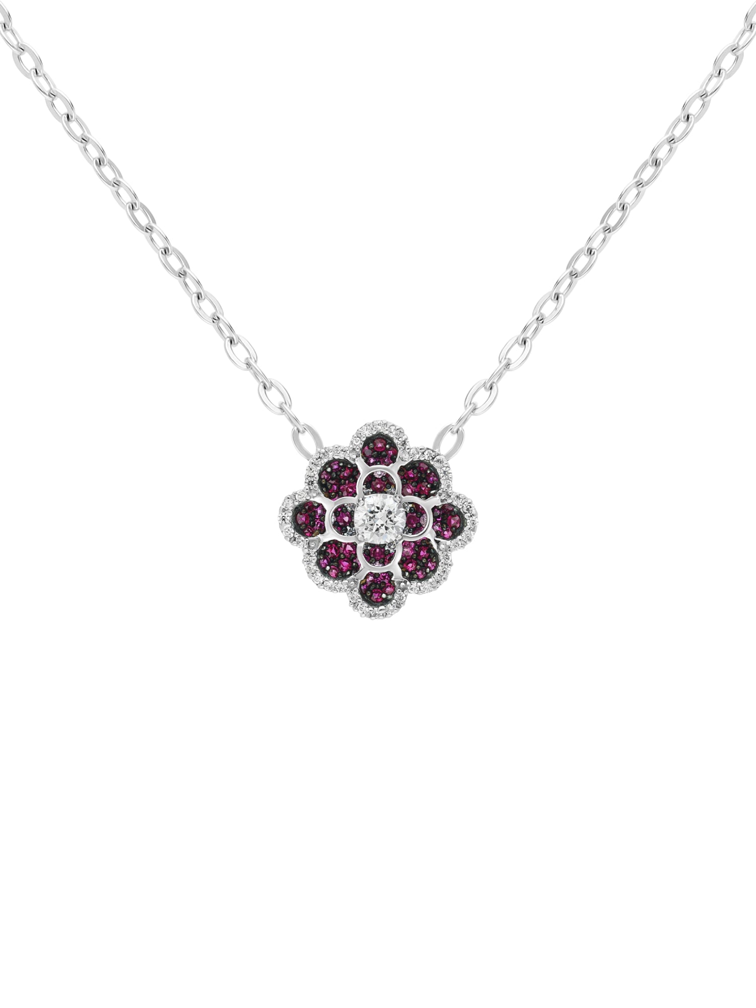 1qty DJV / QTY DISPO : 3-QTY VENDUES : 2-ST : 67% PRIX DJV : 295€ // Argent Rhodié Chaine pendentif fleur en argent rhodié serti de Burmalite™ blanche taille brillant et pavé de rubis de synthèse /// RECO : 308€