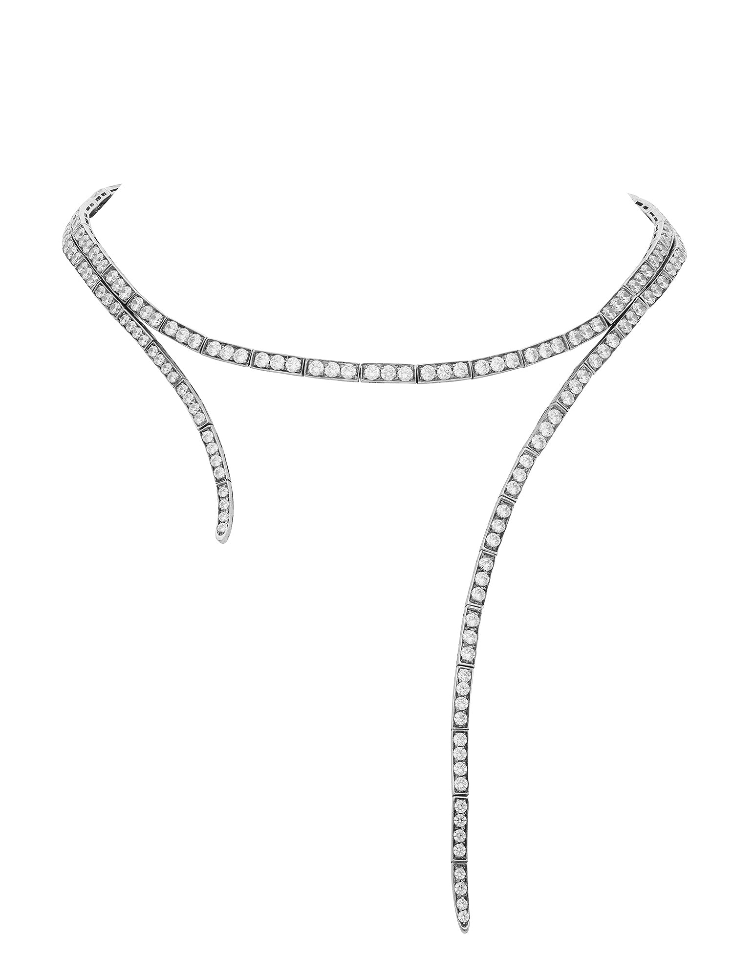 1qty NEW / Argent Rhodié Collier double rang serpent Burmalite blanche taille brillant en argent rhodié // RECO : 585€