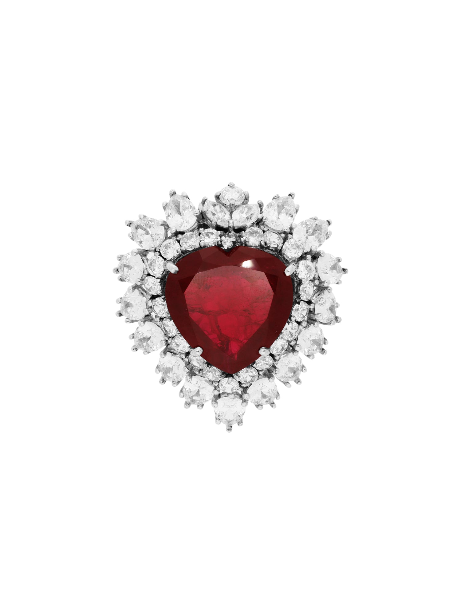1qty NEW / Argent Rhodié Broche cœur Burmalite rouge rubis et blanche en argent rhodié // RECO : 426€