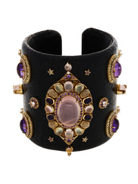 1qty NEW / Vermeil Manchette autruche noire avec cabochon quartz rose 19 // RECO : 960€