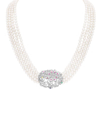 1qty DJV / QTY DISPO : 0-QTY VENDUES : 0-ST : 0% PRIX // Argent Rhodié Collier perle d'eau douce 4 rangs motif art déco Burmalite blanche en argent rhodié /// RECO : 930€