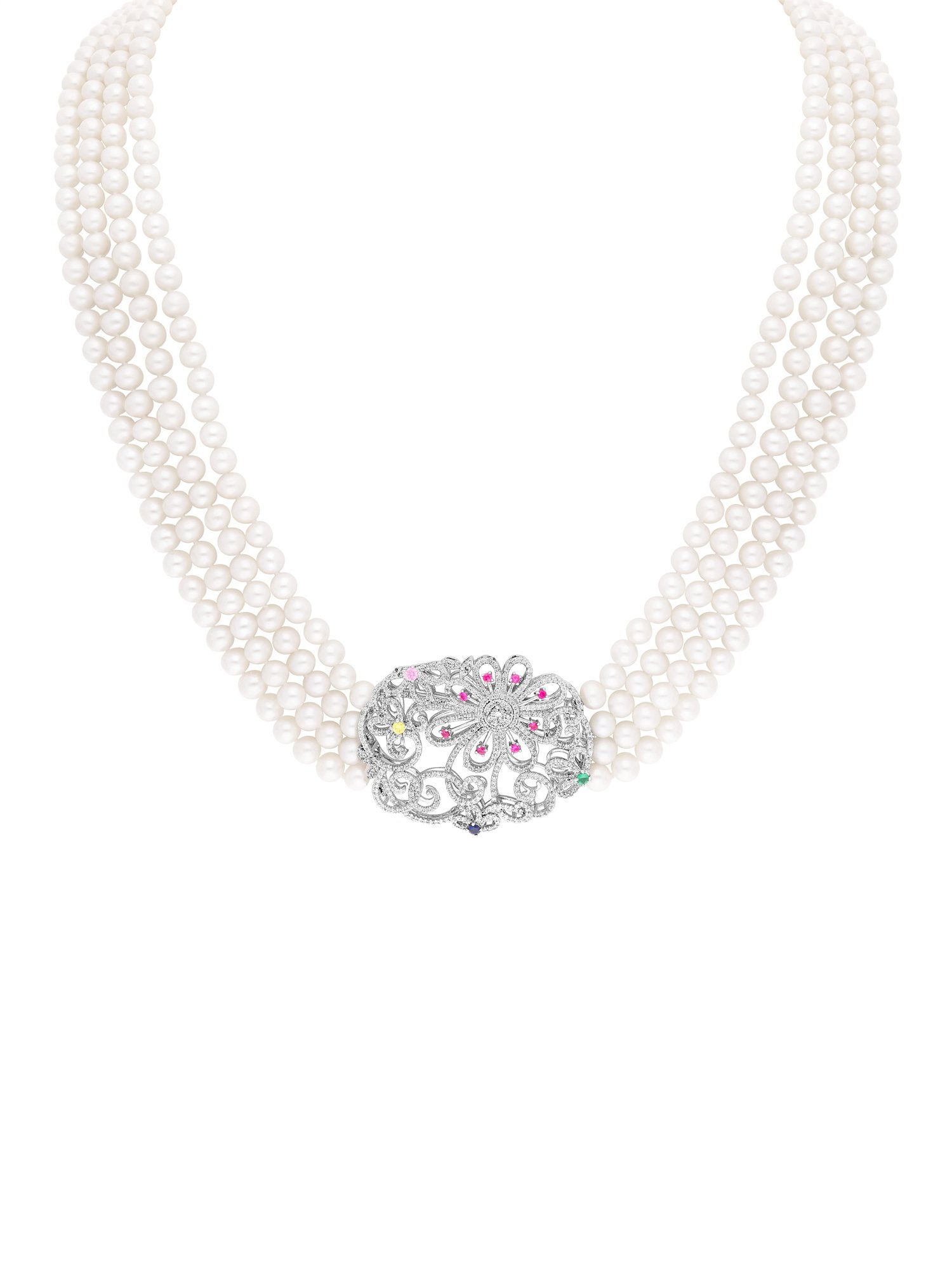 1qty DJV / QTY DISPO : 0-QTY VENDUES : 0-ST : 0% PRIX // Argent Rhodié Collier perle d'eau douce 4 rangs motif art déco Burmalite blanche en argent rhodié /// RECO : 930€