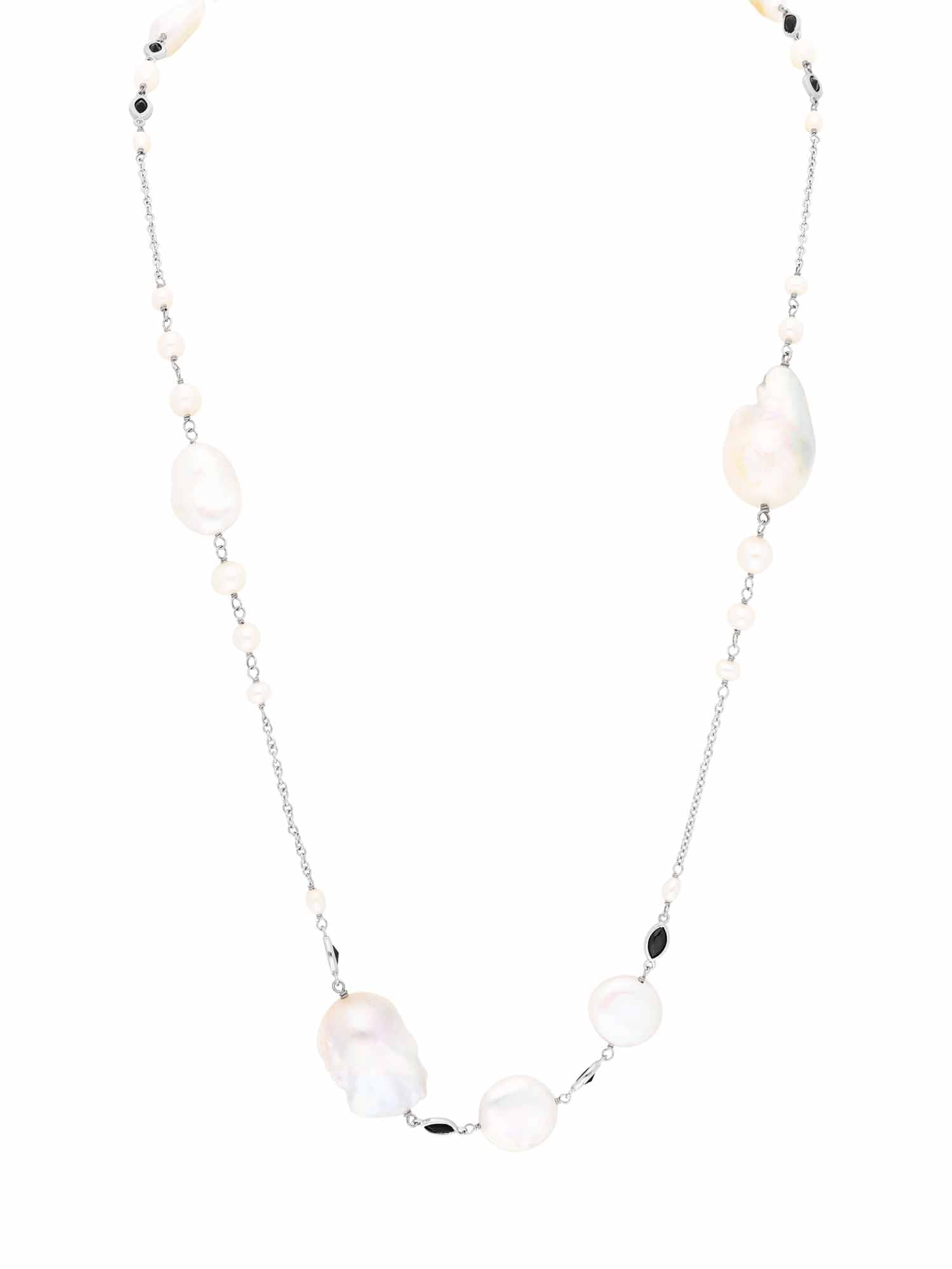 2qty DJV / QTY DISPO : 2-QTY VENDUES : 0-ST : 0% PRIX DJV : 350€ // Argent Rhodié Sautoir chaine 95cm en argent rhodié serti de perle d'eau douce baroque et Burmalite™ noire serti clos /// RECO : 371€