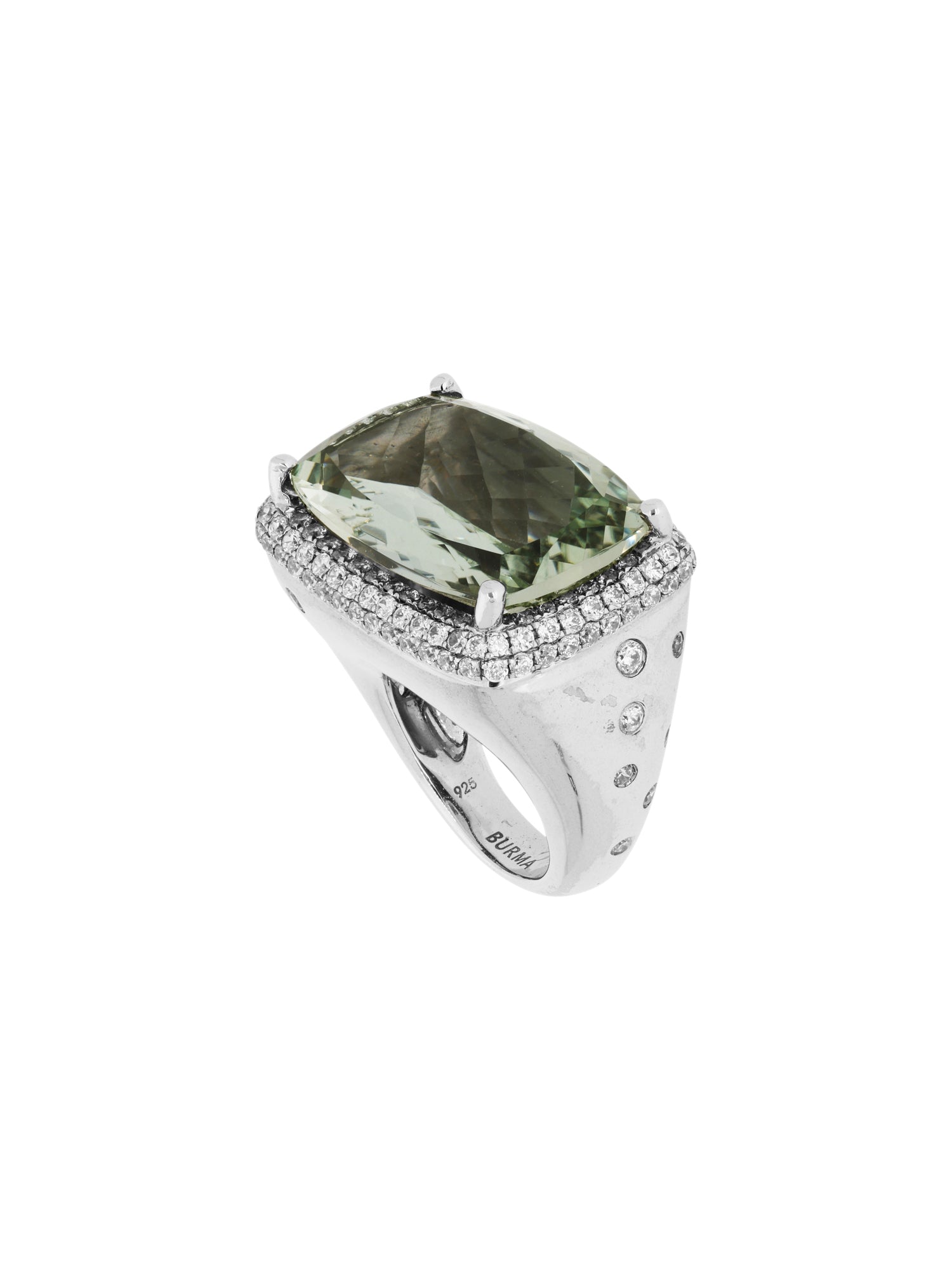 1qty NEW / Argent Rhodié bague sur argent rhodié sertie d'une améthyste verte entourage pavage burmalite™ blanche // RECO : 988€
