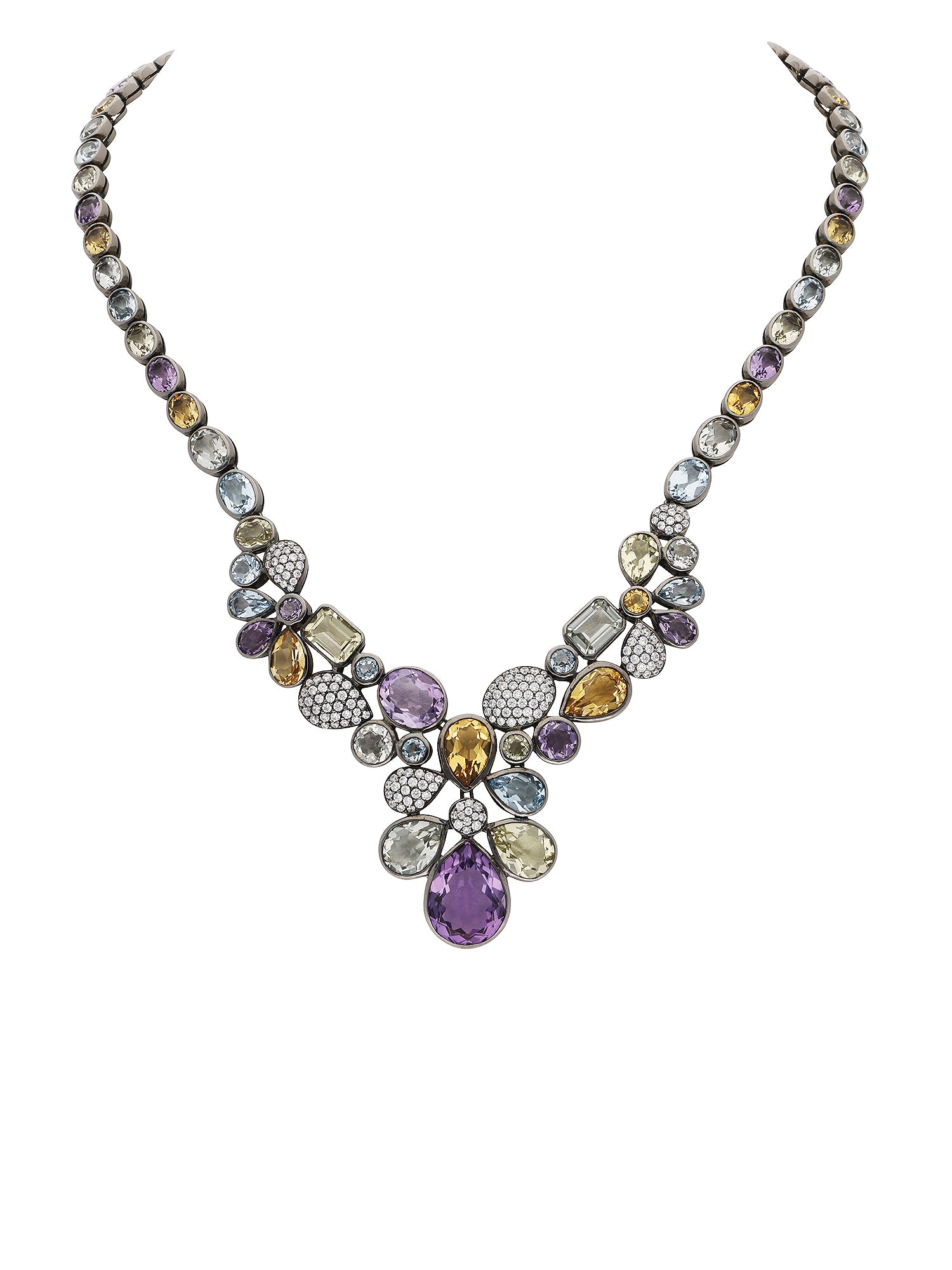 2qty NEW / Argent Collier multipastel sur argent noirci serti de lemon quartz 9 // RECO : 840€