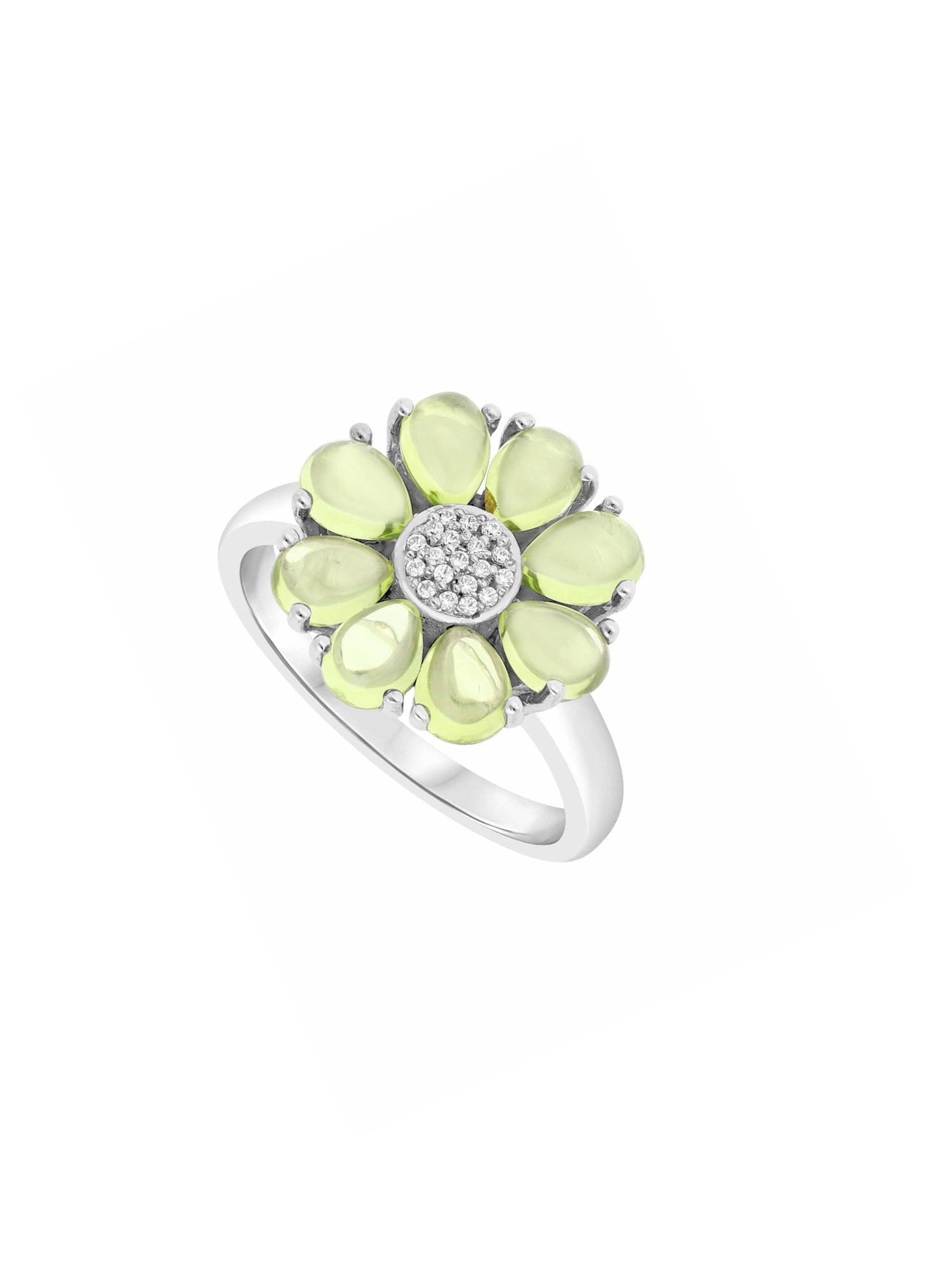1qty DJV / QTY DISPO : 1-QTY VENDUES : 0-ST : 0% PRIX DJV : 120€ // Argent Bague fleur en argent sertie de cabochon peridot 2 /// RECO : 105€