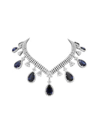 2qty NEW / Argent Rhodié Collier en argent rhodié serti de Burmalite bleu saphir taille poire et Burmalite blanche taille brillant // RECO : 2125€