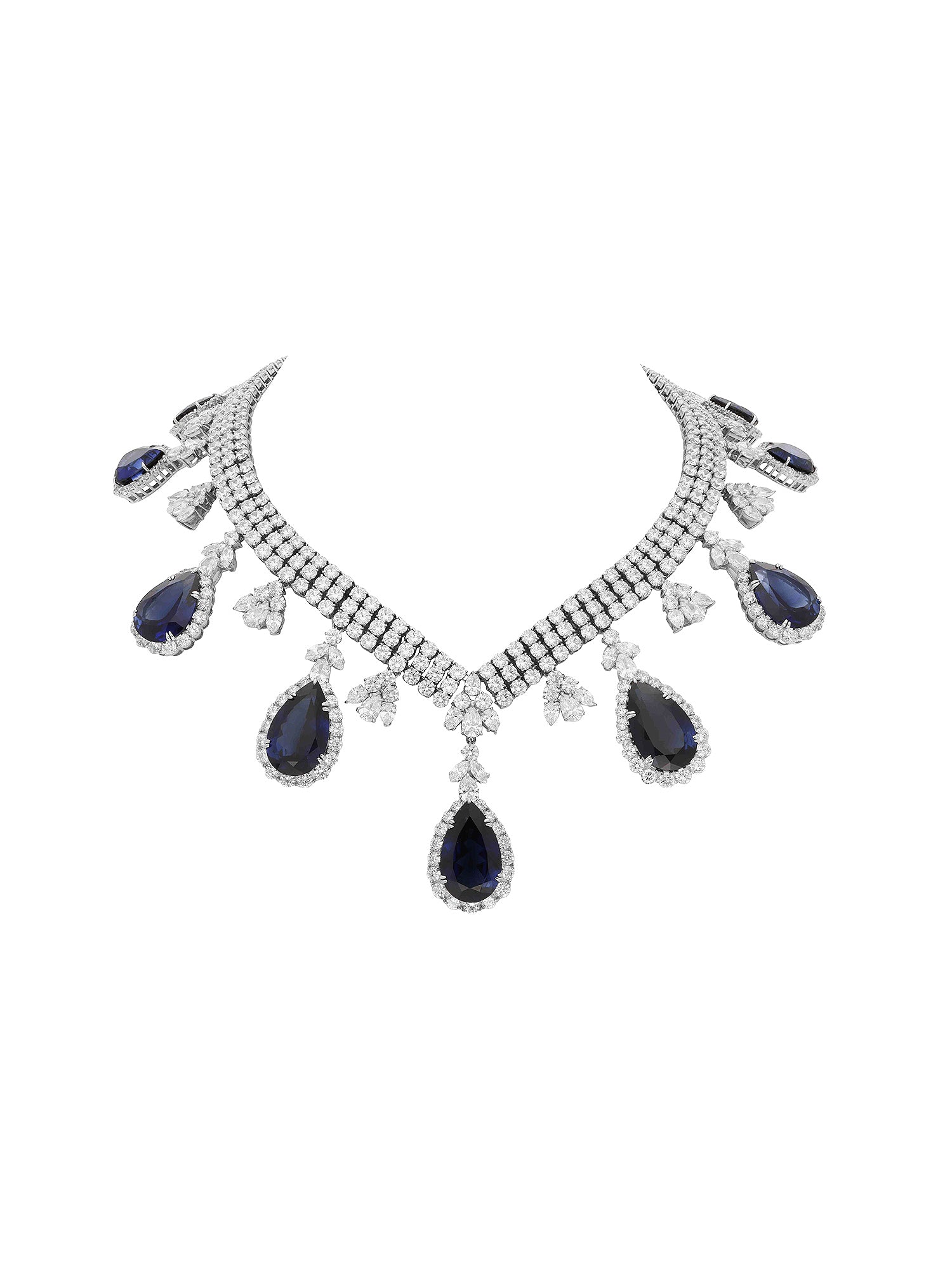 2qty NEW / Argent Rhodié Collier en argent rhodié serti de Burmalite bleu saphir taille poire et Burmalite blanche taille brillant // RECO : 2125€