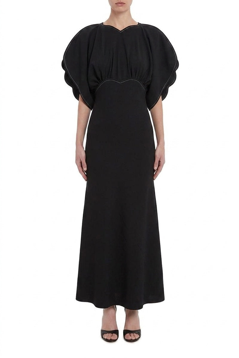 Gathered Short Sleeve Dolman Midi Dress - Black