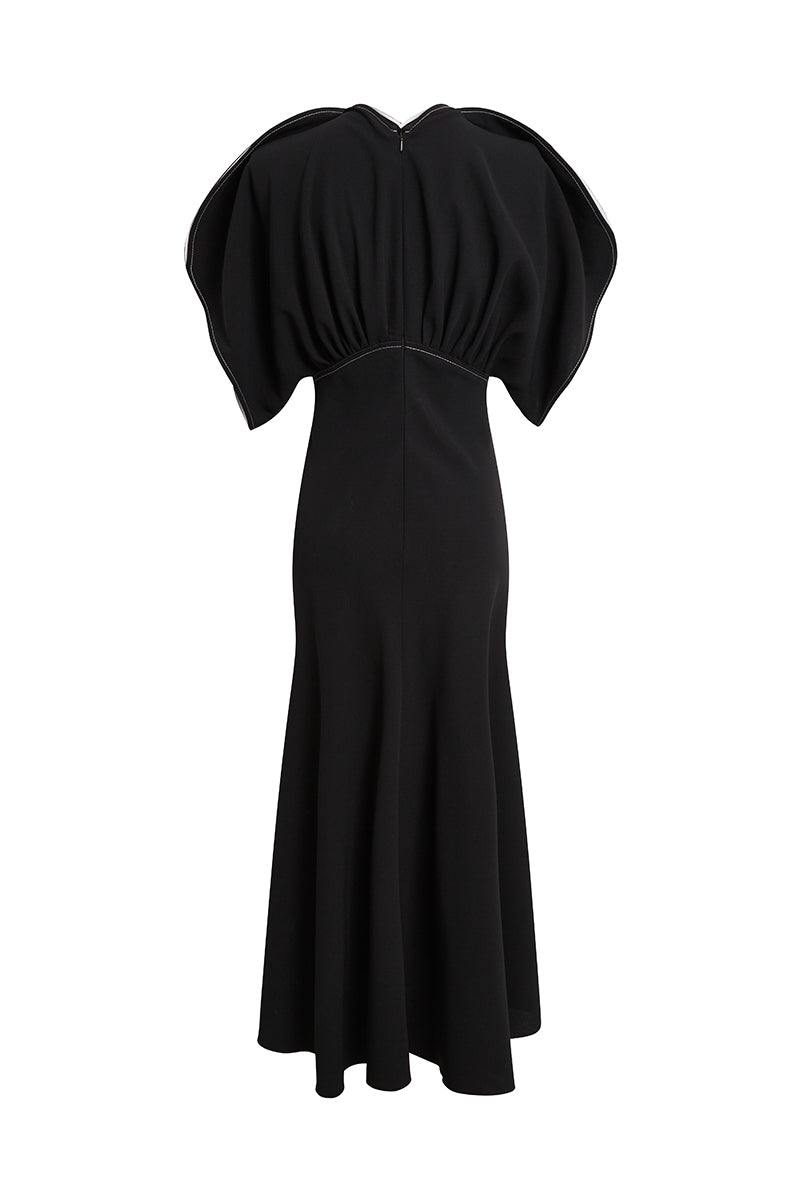 Gathered Short Sleeve Dolman Midi Dress - Black