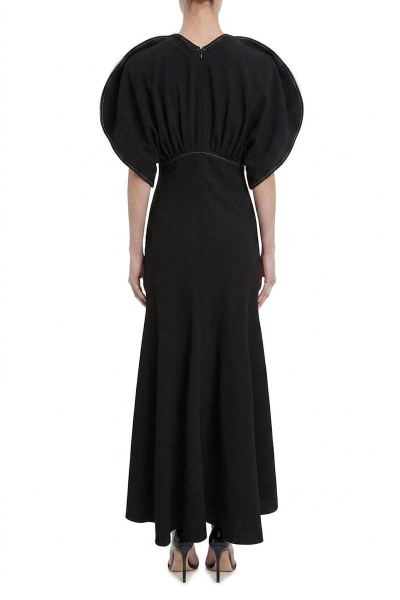Gathered Short Sleeve Dolman Midi Dress - Black