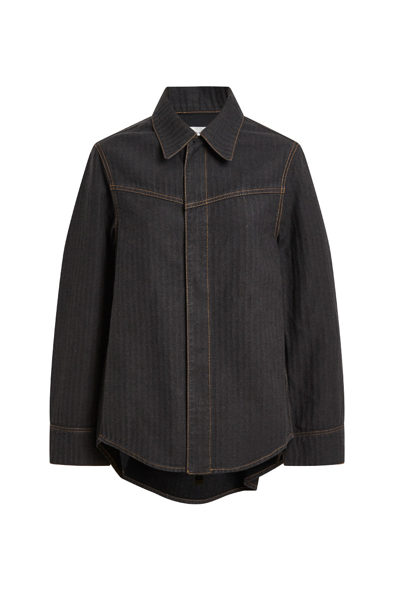 Denim Shirt With Front Yoke Detail - Black Herringbone
