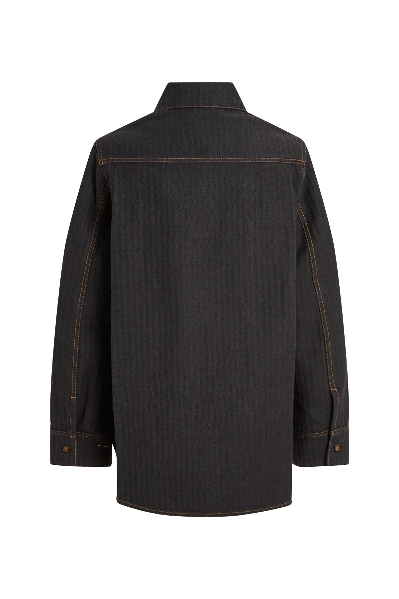 Denim Shirt With Front Yoke Detail - Black Herringbone