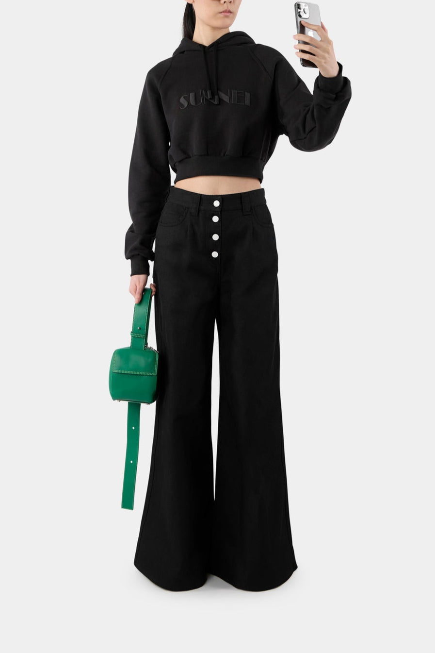 Embroidered short hoodie - Black