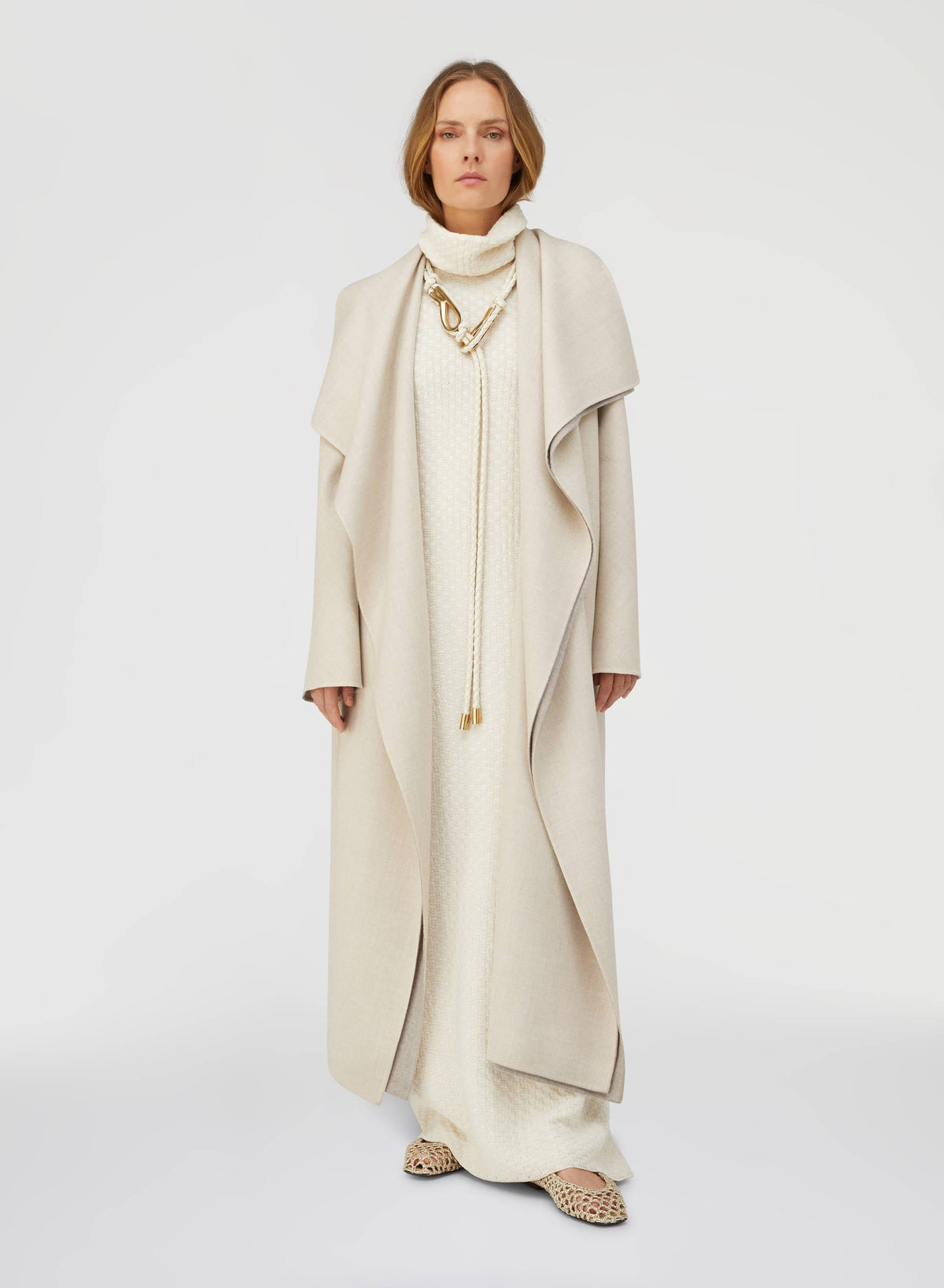 IVORY JACQUARD SLEEVELESS MAXI COLLAR LONG DRESS