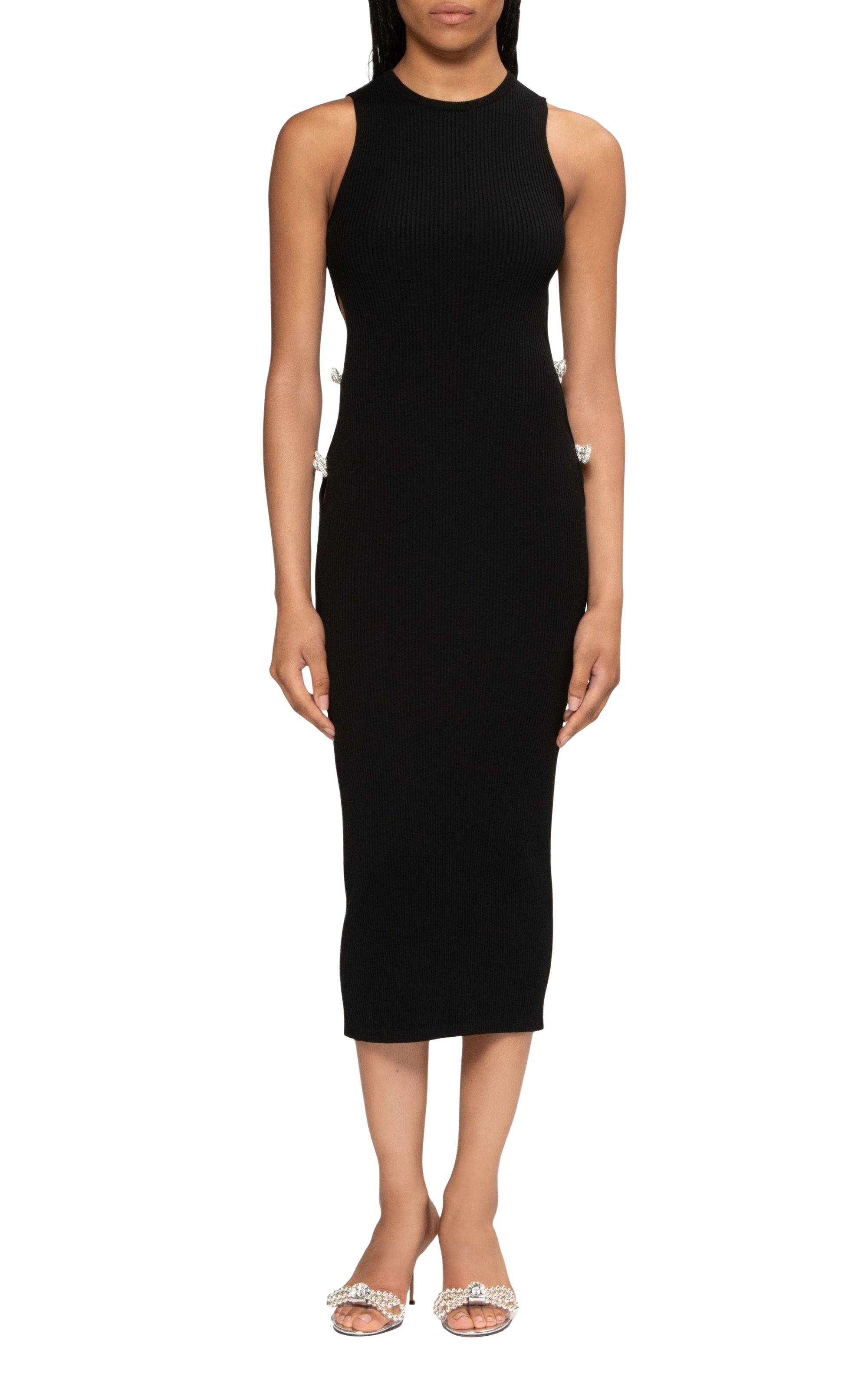 Ribbed bow midi dress with rhinestone embellishments - Black