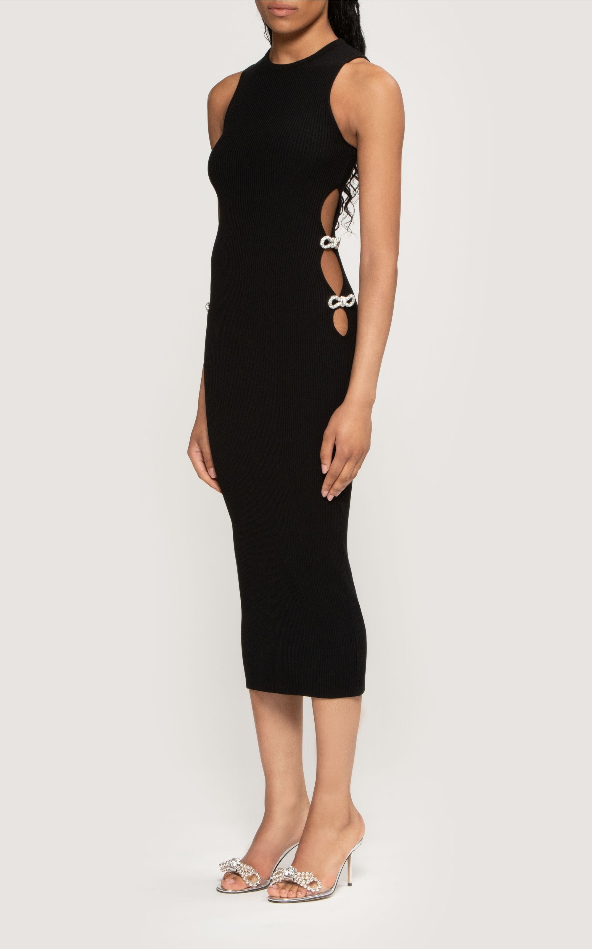 Ribbed bow midi dress with rhinestone embellishments - Black