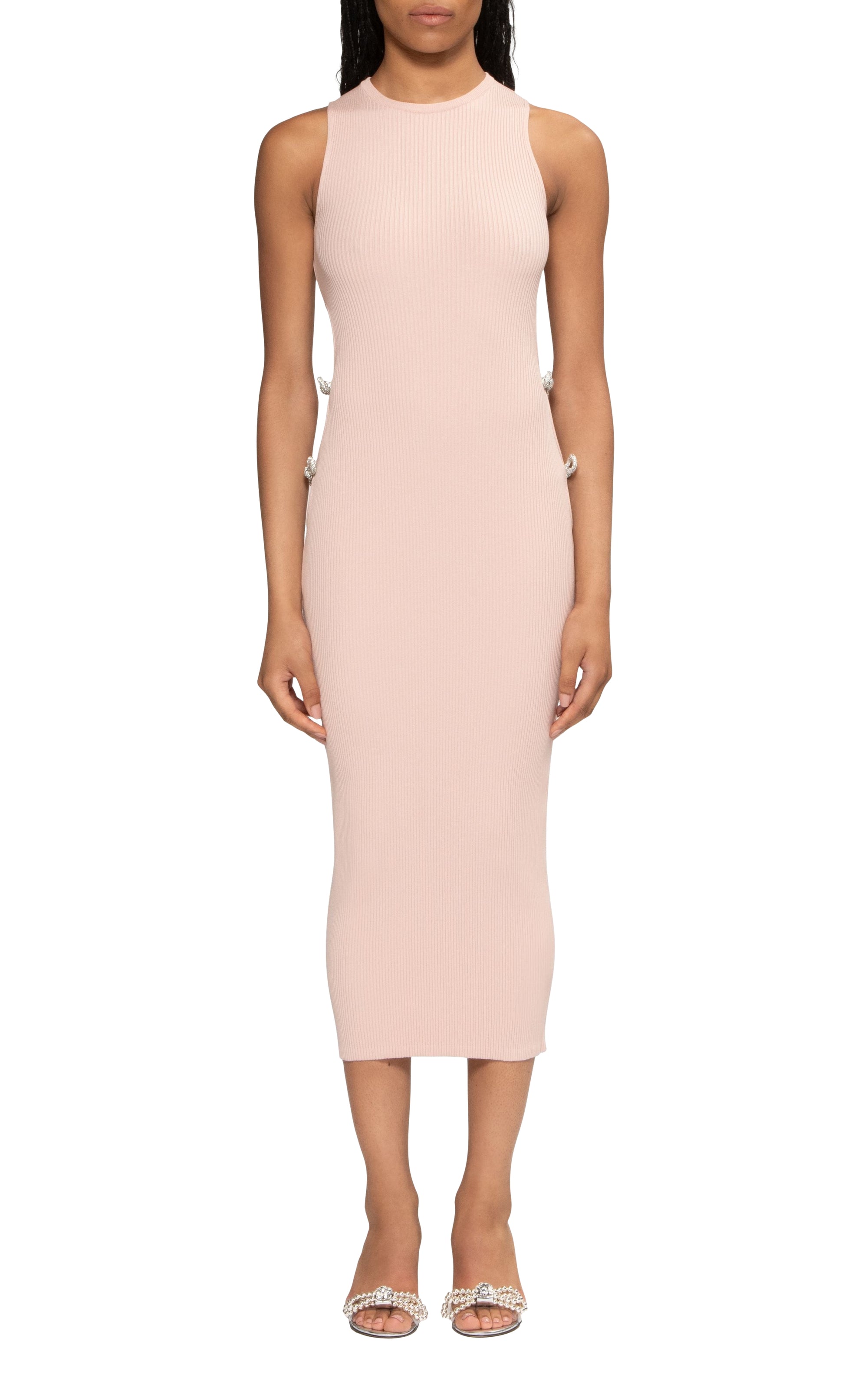 Ribbed bow midi dress with rhinestone embellishments - Nude