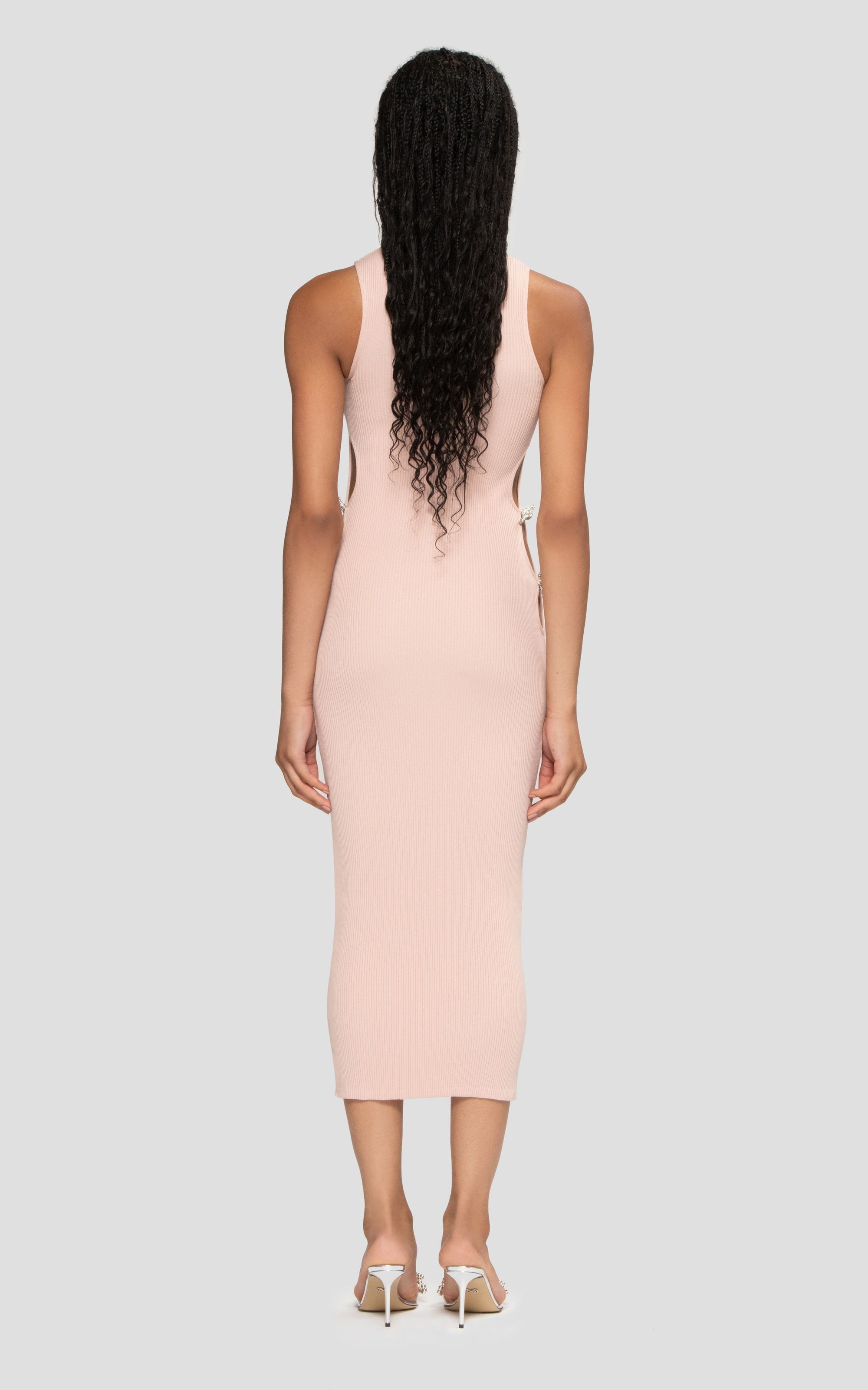 Ribbed bow midi dress with rhinestone embellishments - Nude