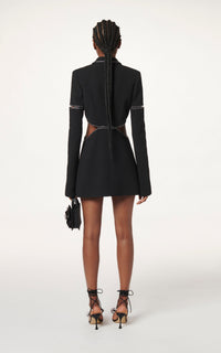 Bow short dress with wool & rhinestone cut-outs - Black