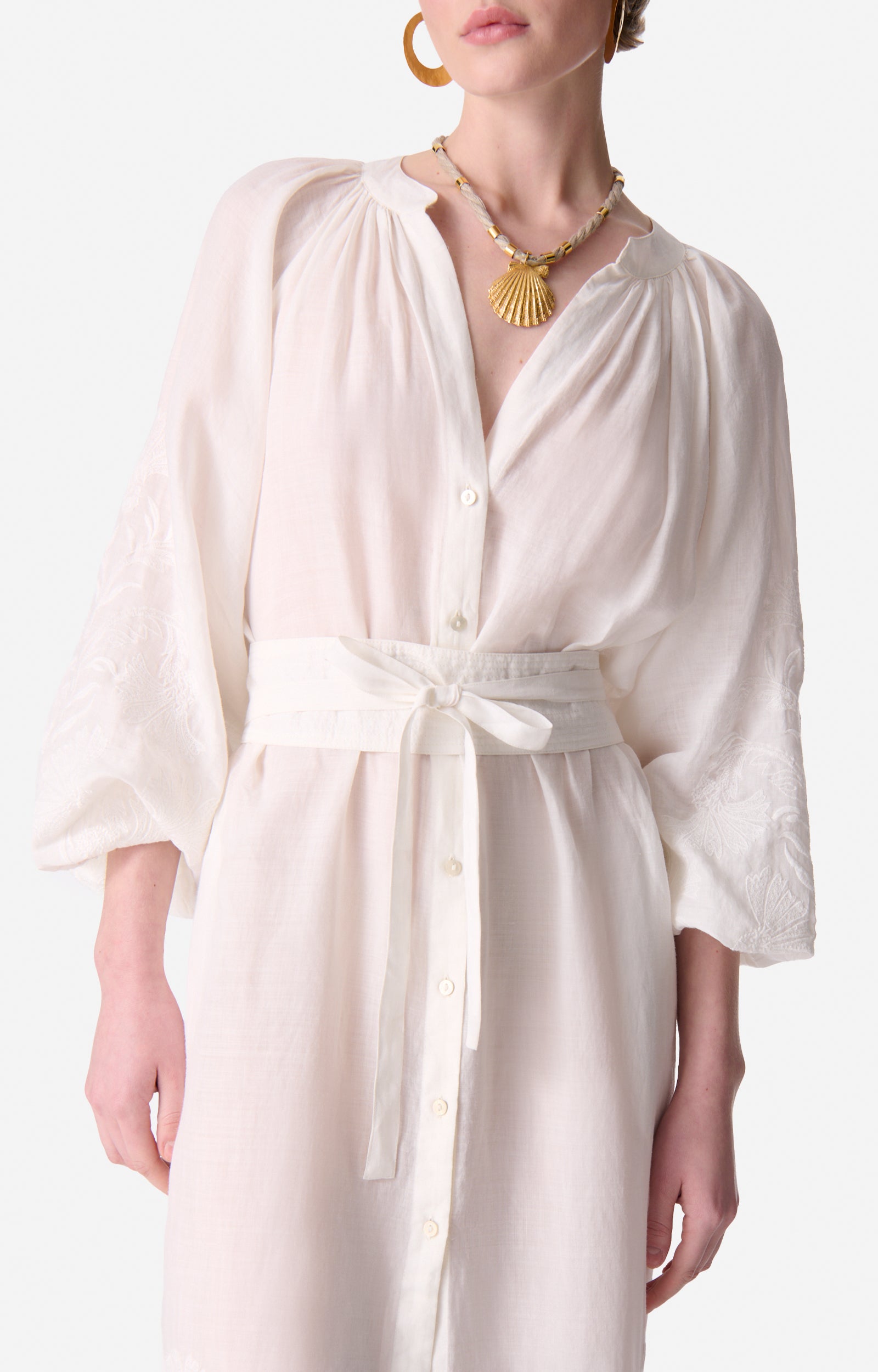 Robe longue ceinturée - Écru
