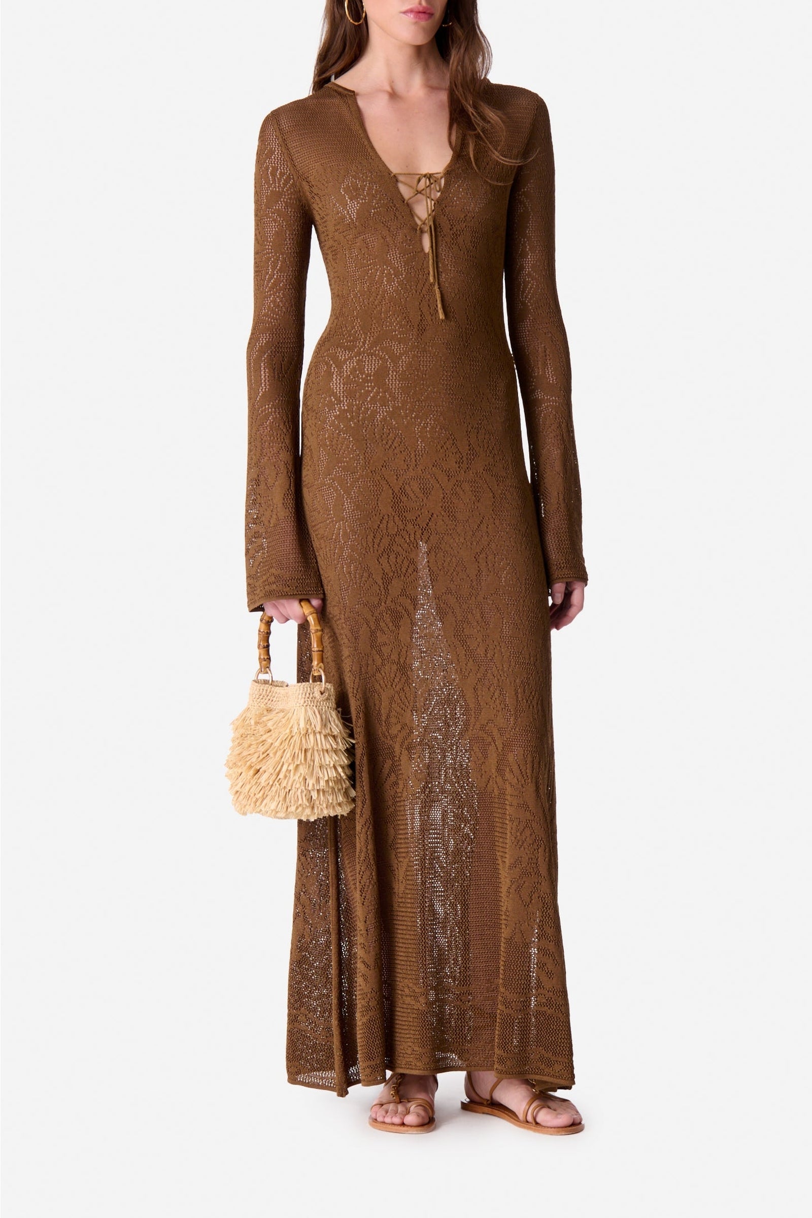Robe longue ajourée - Brun