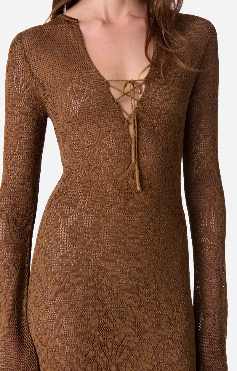 Robe longue ajourée - Brun