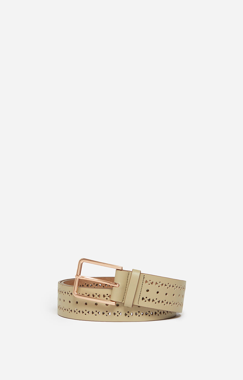 Ceinture ajourée 40mm en cuir lisse - Olive