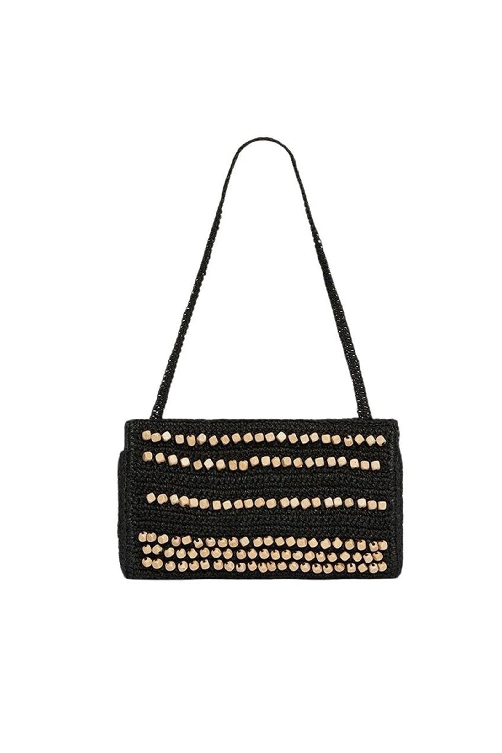 Pochette en raphia avec perles en bois - Noir