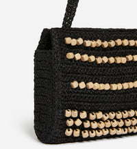 Pochette en raphia avec perles en bois - Noir