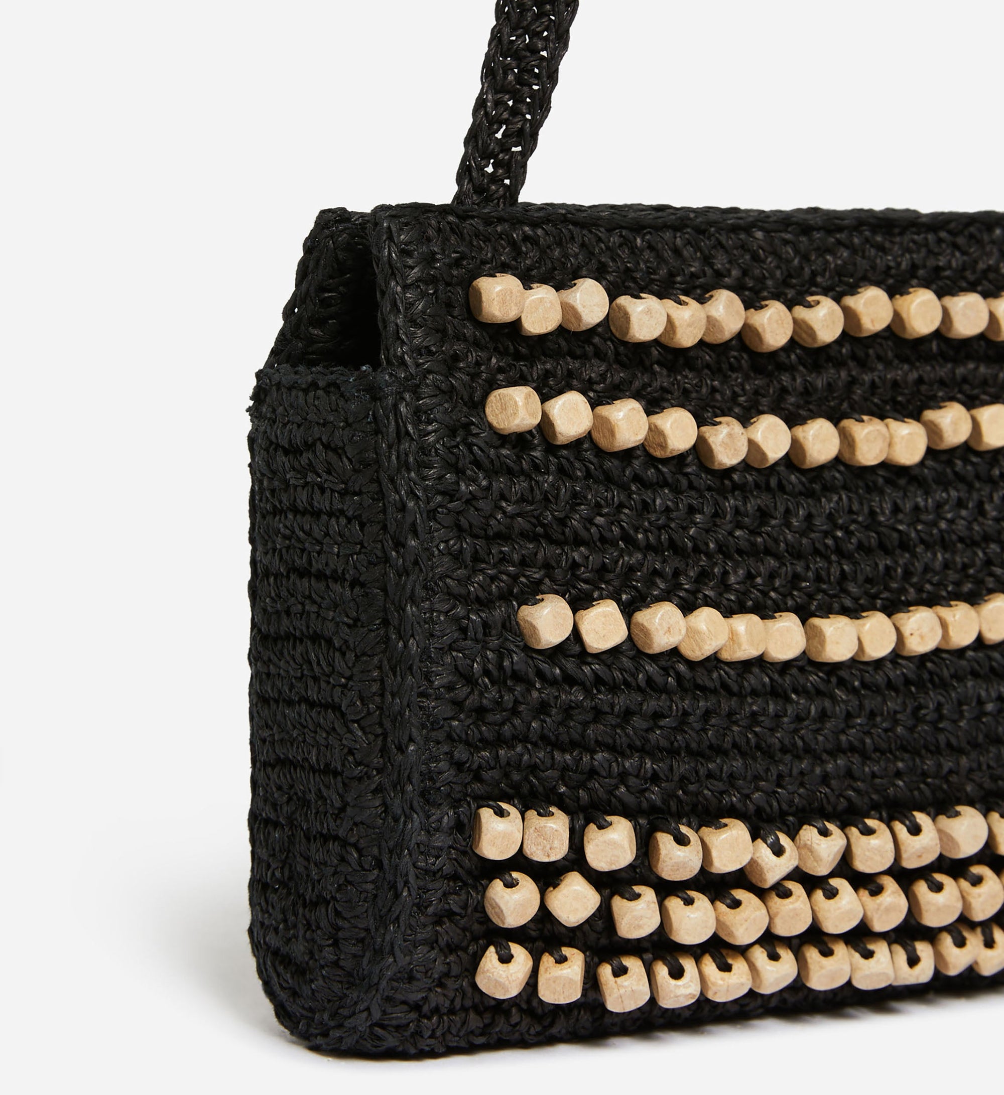 Pochette en raphia avec perles en bois - Noir